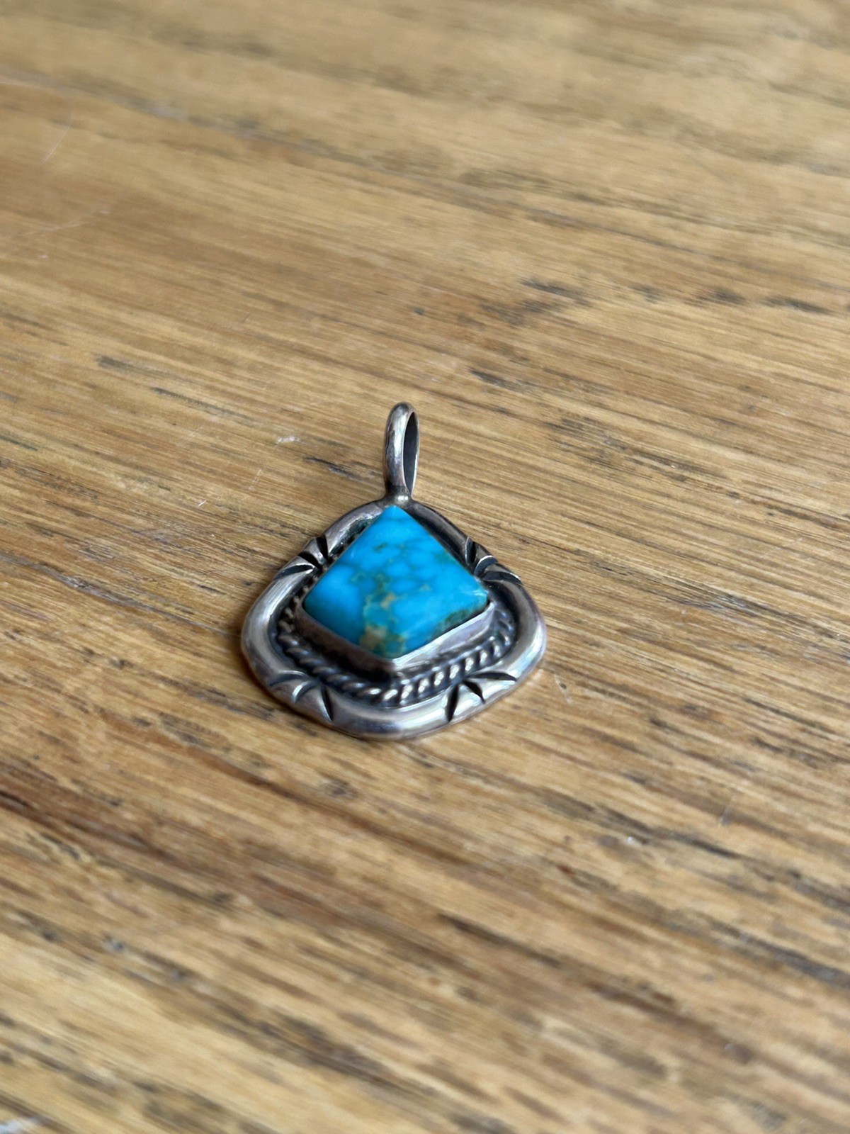 Vintage Sterling Silver Turquoise Petite Handmade Geometric Teardrop Pendant 4g