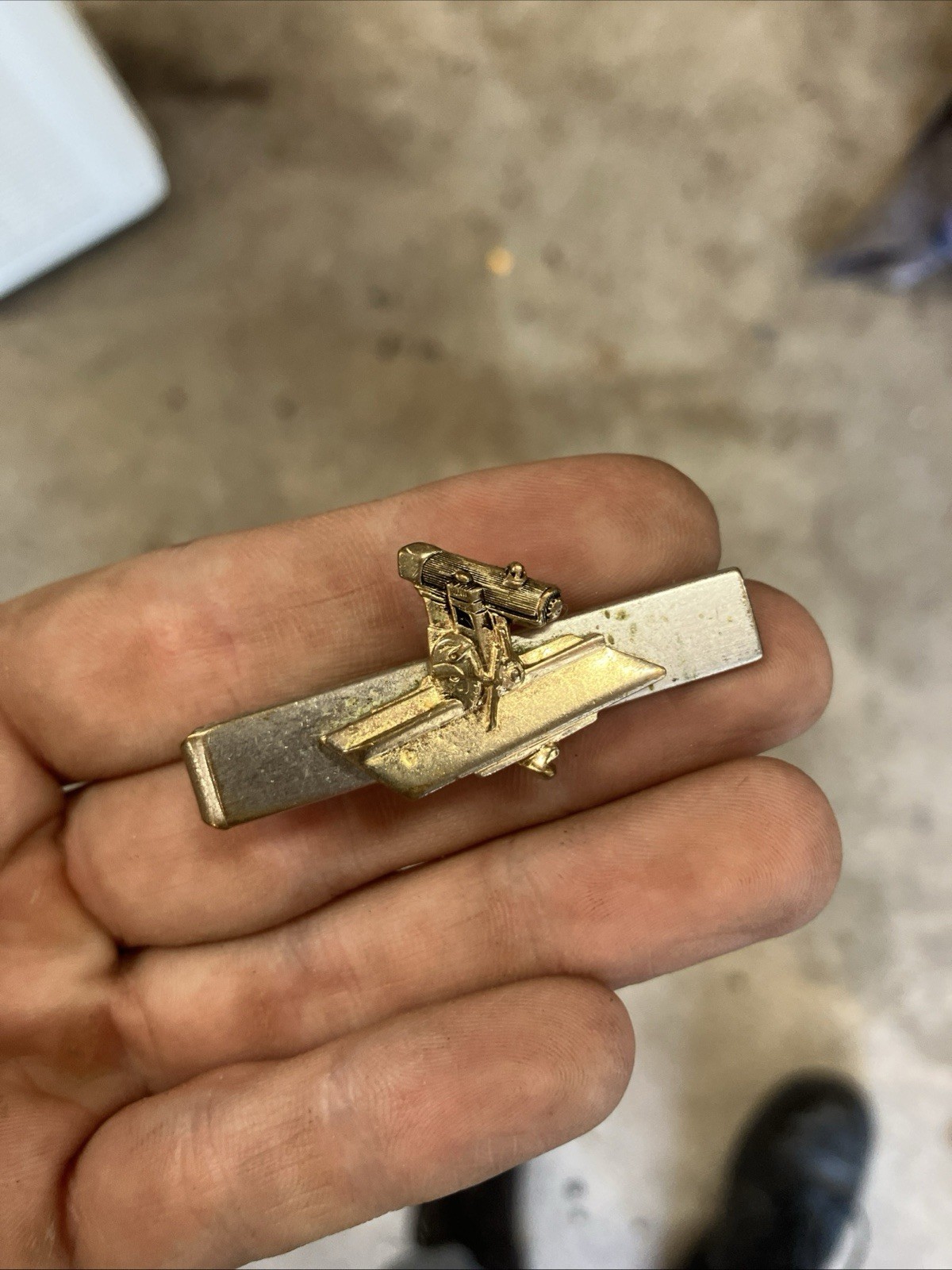 Vintage NOVELTY Silver Gold Radial Arm Saw Tool Design Tie Clip Clasp Accessory