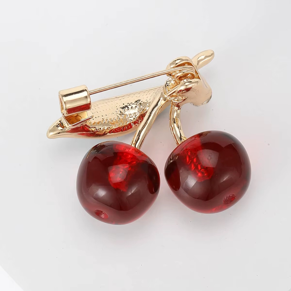 Vintage Style Red Enamel Cherry Brooch Pin Fruit Gold Tone Plant Jewelry Gift