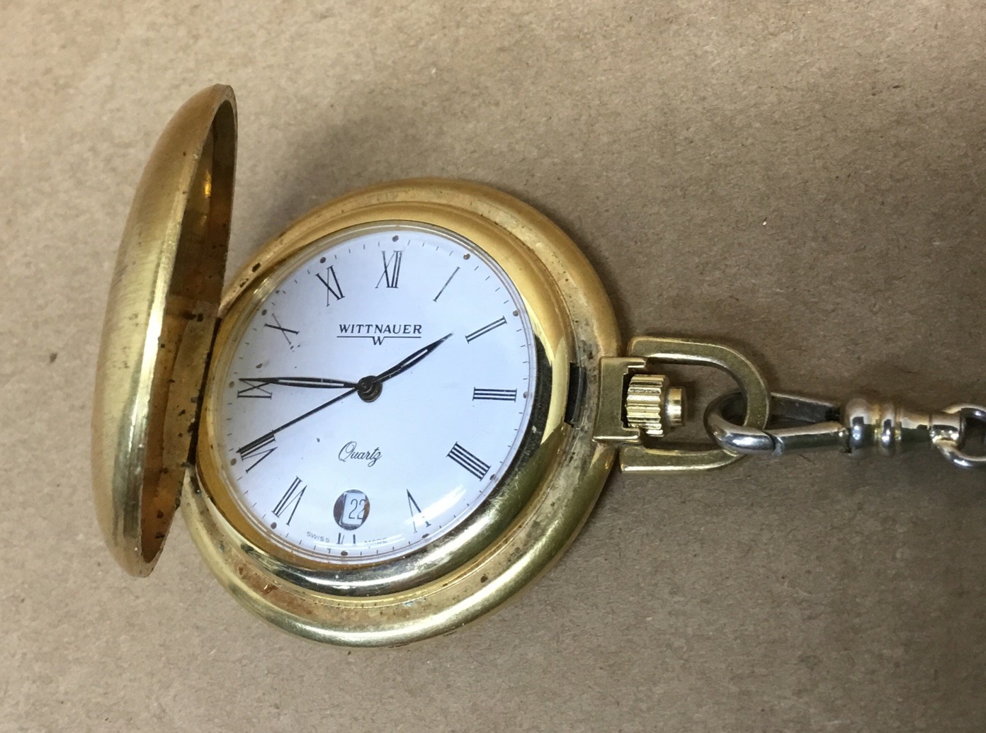 Vintage Wittnauer Pocket Watch Quartz One Jewel Swiss Gold Tone PARTS…………[B39]