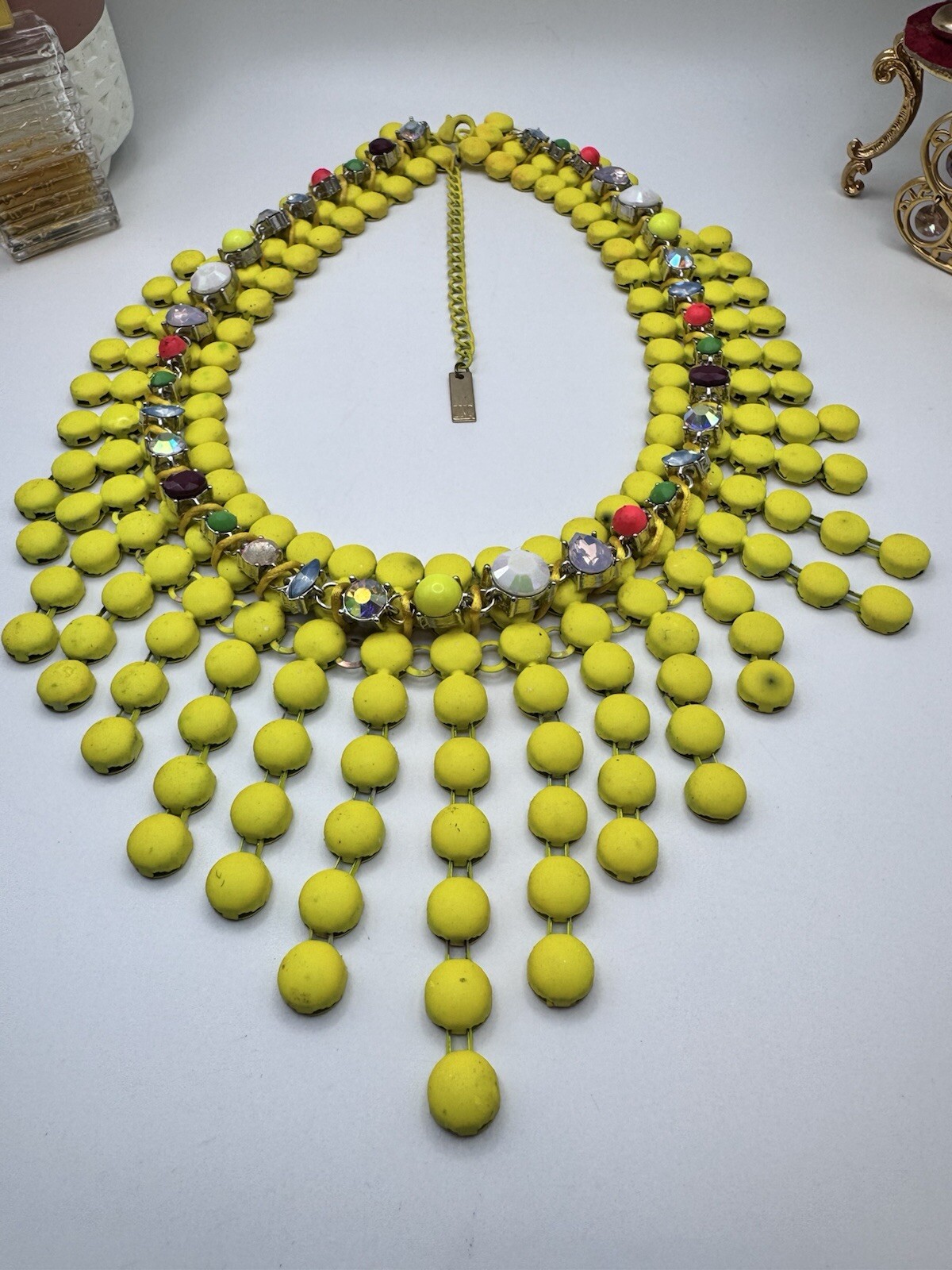 Extravagant Necklace Bib Yellow Bubble Gum Beads And Rhinestone Signed INC
