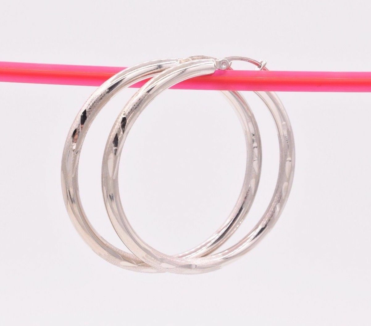 3mm X 40mm 1 1/2″ Large Diamond Cut Round Hoop Earrings REAL 14K White Gold
