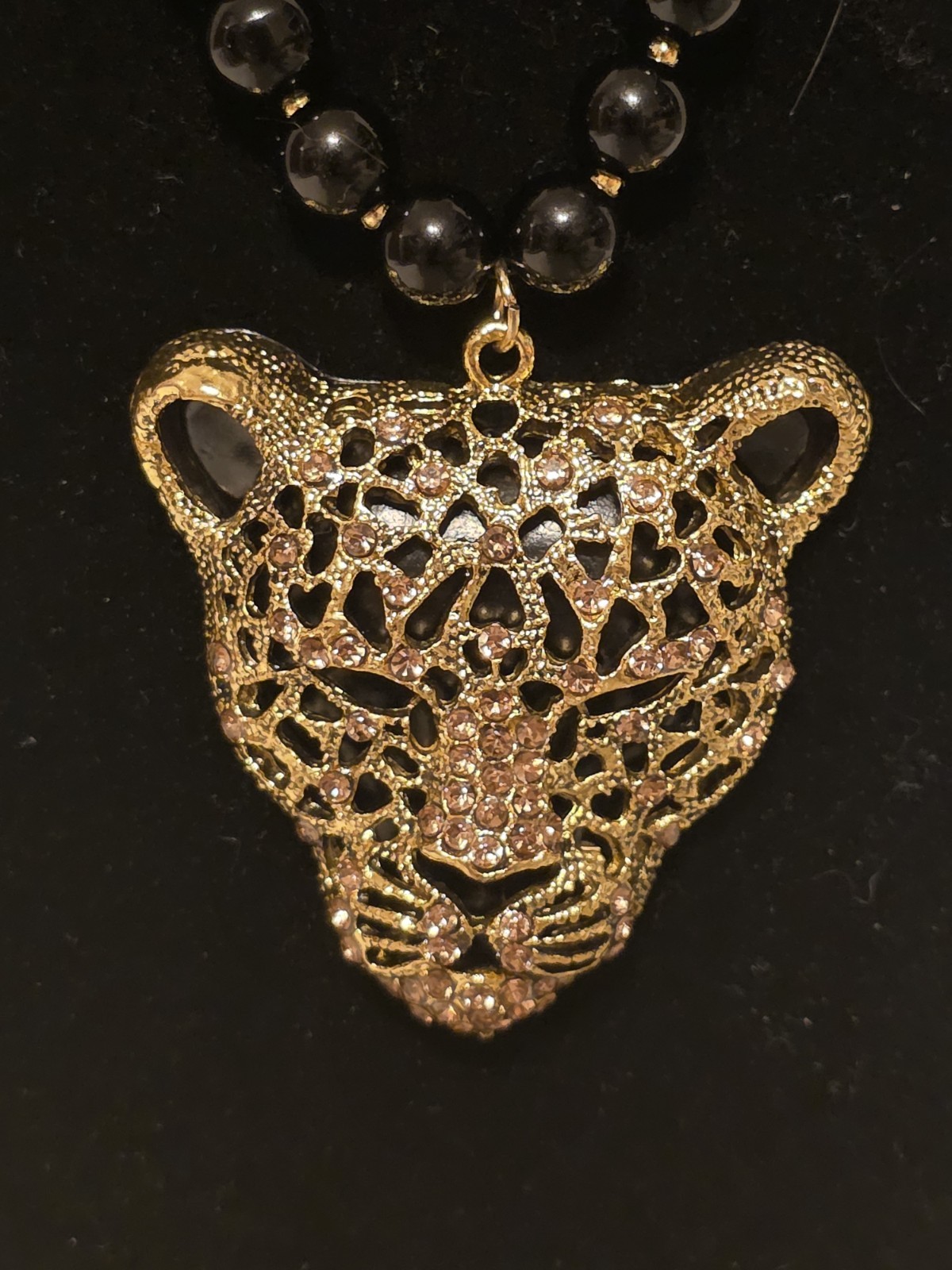 Handcrafted 18.5in Bkack Panther Jaguar Leopard Crystal Gold Necklace