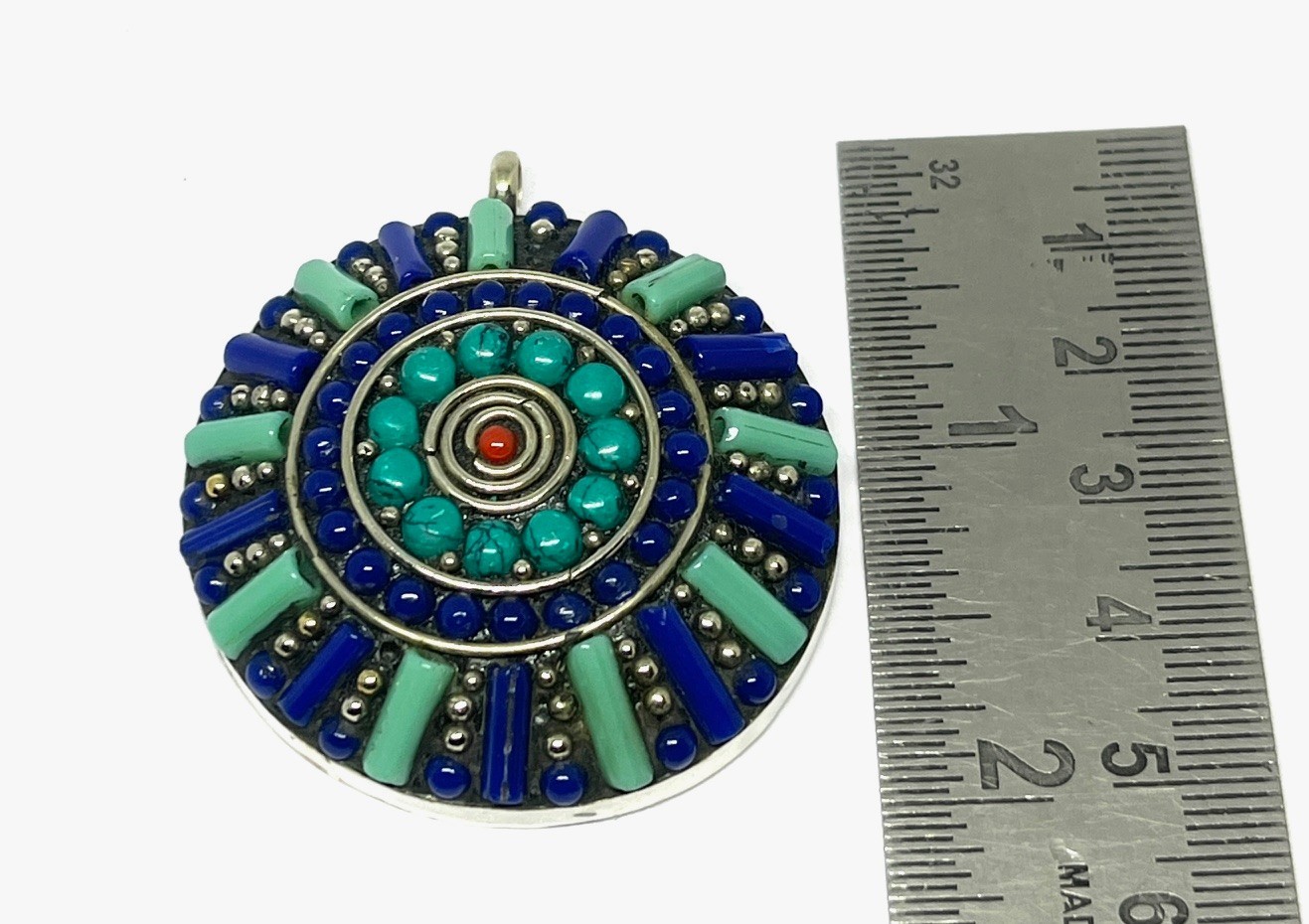 Antique Lapis Turquoise Gemstone Tibetan Statement Pendant Jewelry, 2.0 inch