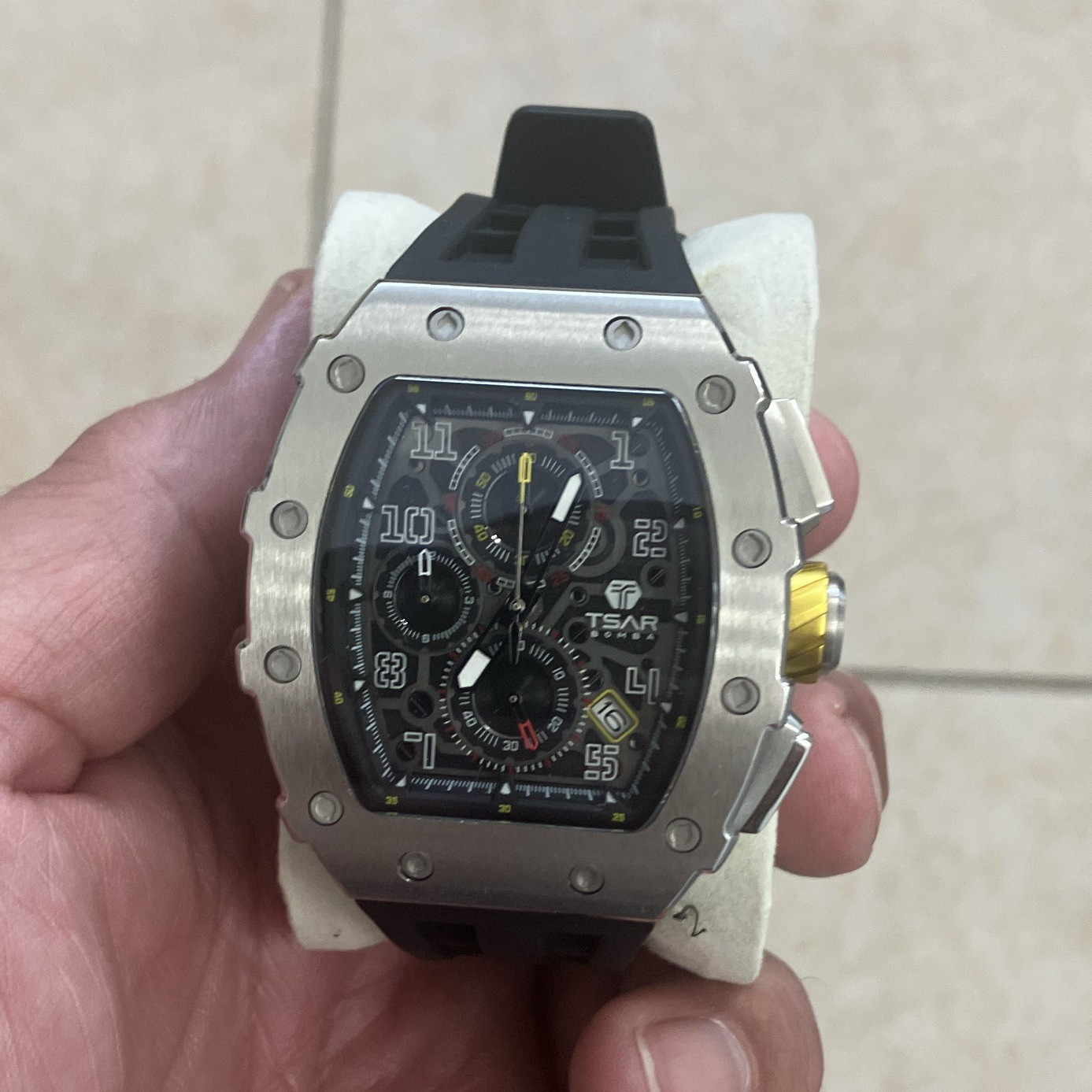 Tsar Bomba Tonneau Men’s Quartz Chronograph Date Black Dial Silver Case