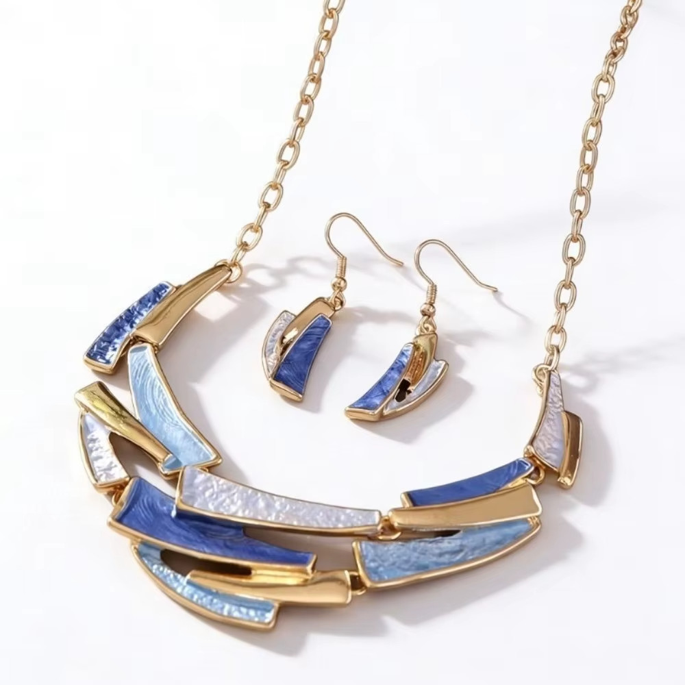 Layered Geometric Enamel Jewelry Set Necklace Earrings Zinc Alloy Elegant Gift