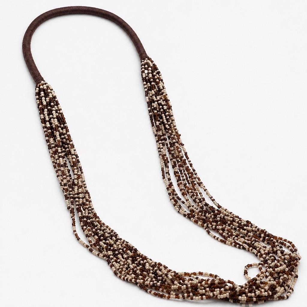 Brown White Multi-Strand Beaded Necklace, Round Glass Beads, Bohemian
