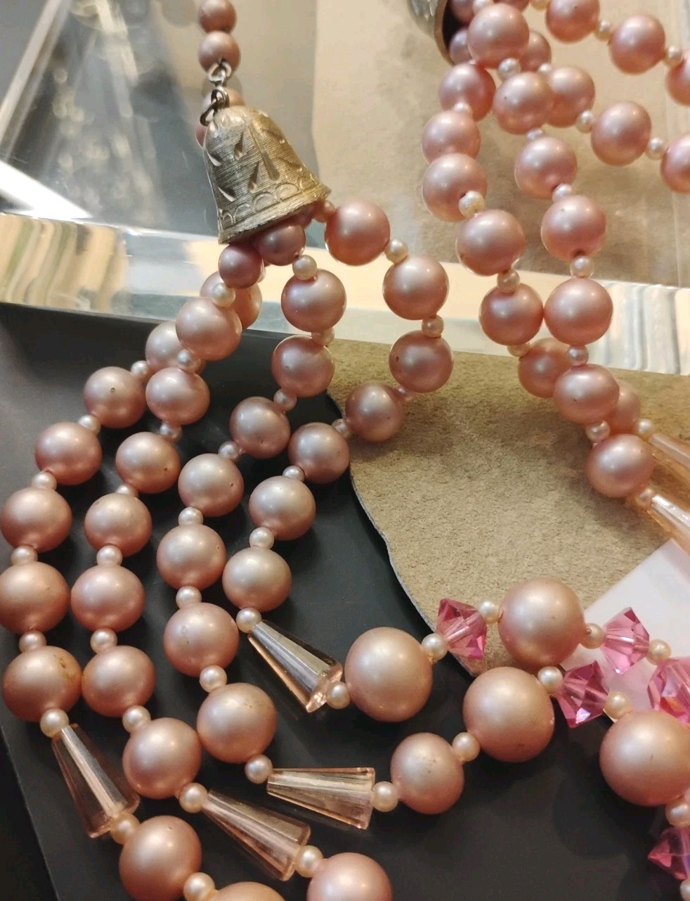 MCM Unsigned 14″+ Dusty Rose Faceted Pink Triple Strand Necklace, Ornate Clasp!