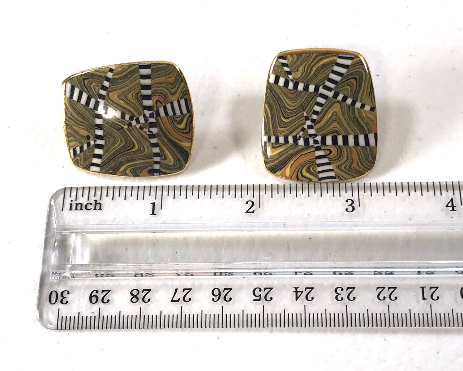 Vintage Gold Black White Stripes Rounded Rectangular Pierced Earrings Estate