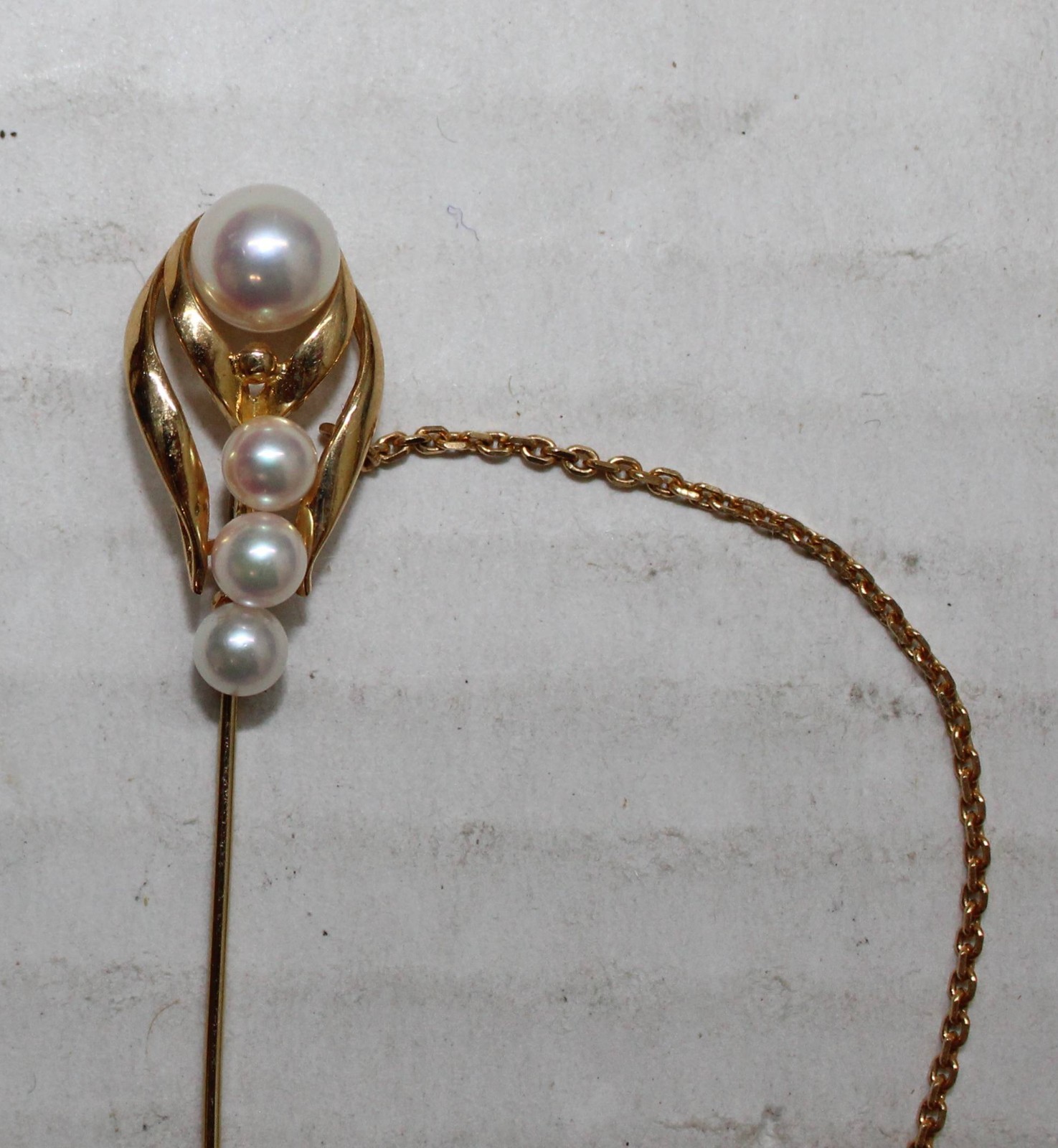 18K Gold & 4 Pinkish Pearls Stick Pin / Brooch 3.3 Grams 3 1/2″ Long