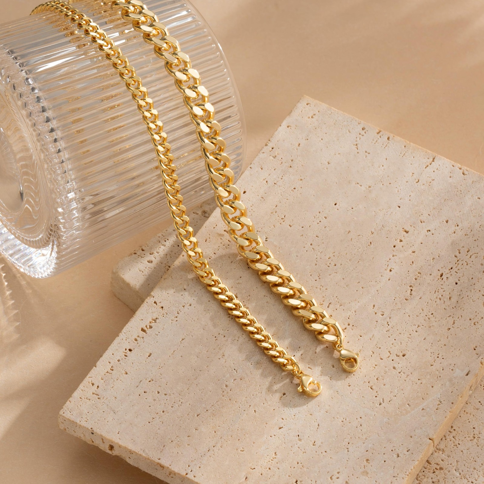 Gold 14K Plated Stackable Cuban Link Anklet Bracelet Set for Women