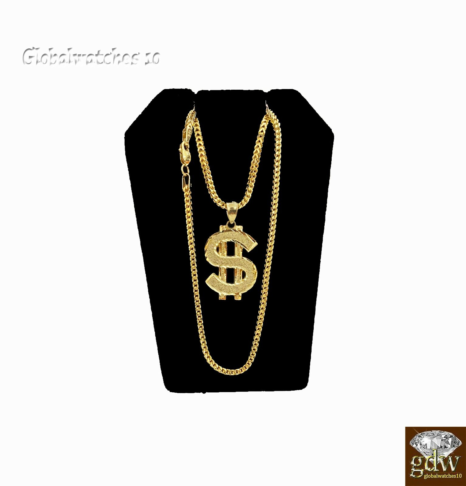 10k Gold Charm Pendant Dollar Money Sign with Franco Chain in 20 22 24 26 Inch
