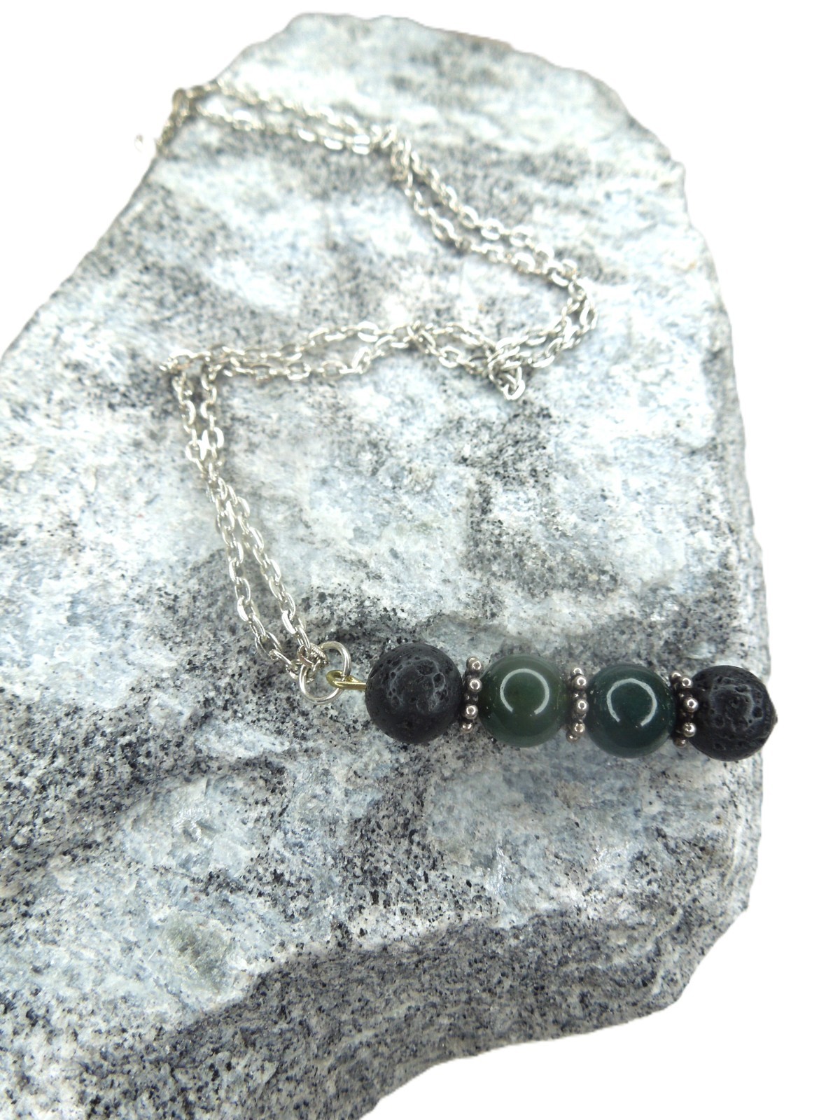Black Gemstone Pendant Necklace Sterling Modern Style Lava stone Moss Agate