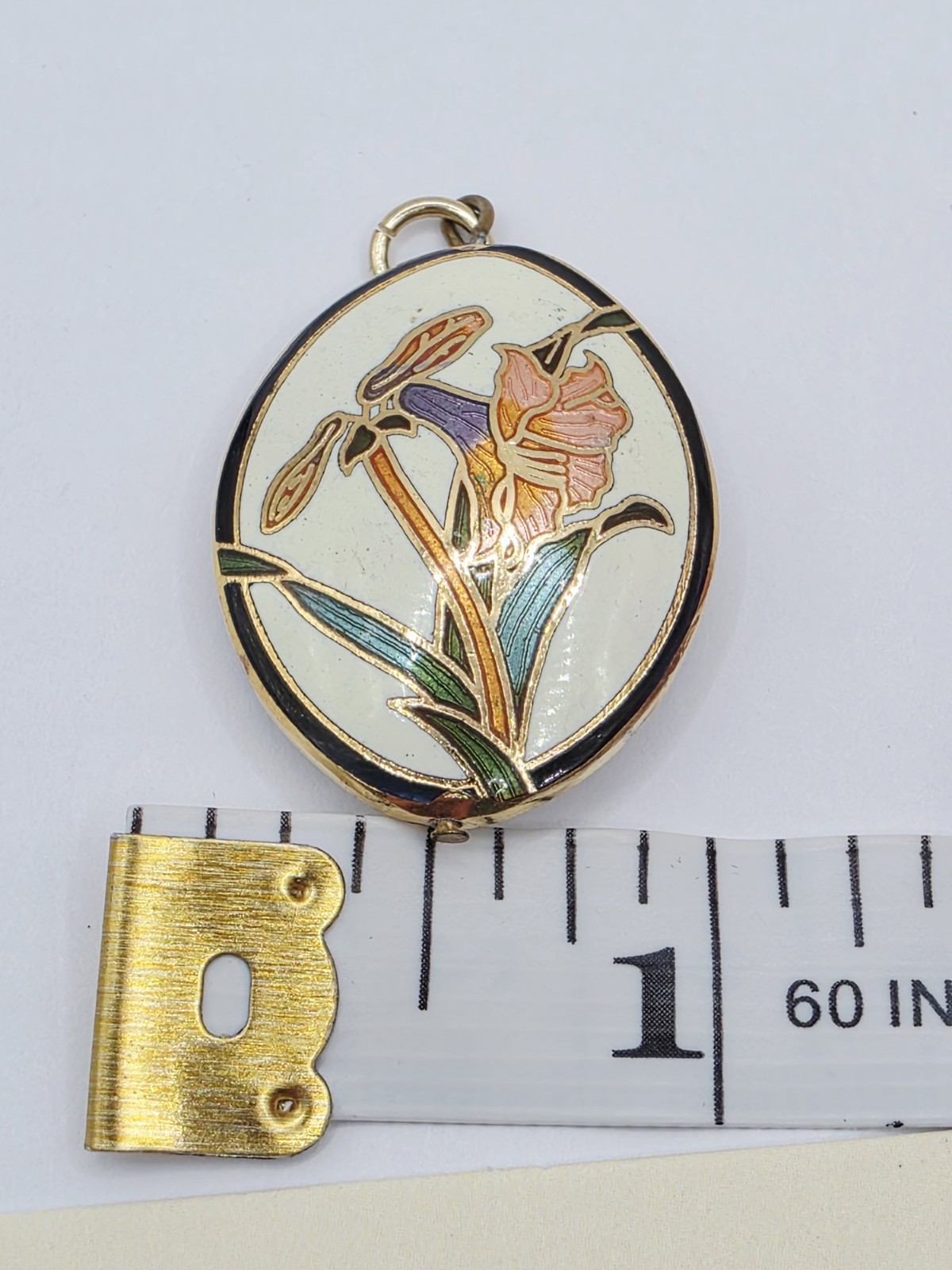 Vintage Cloisonné Green Purple Gold Amaranthus Flower Floral Oval Pendant Estate