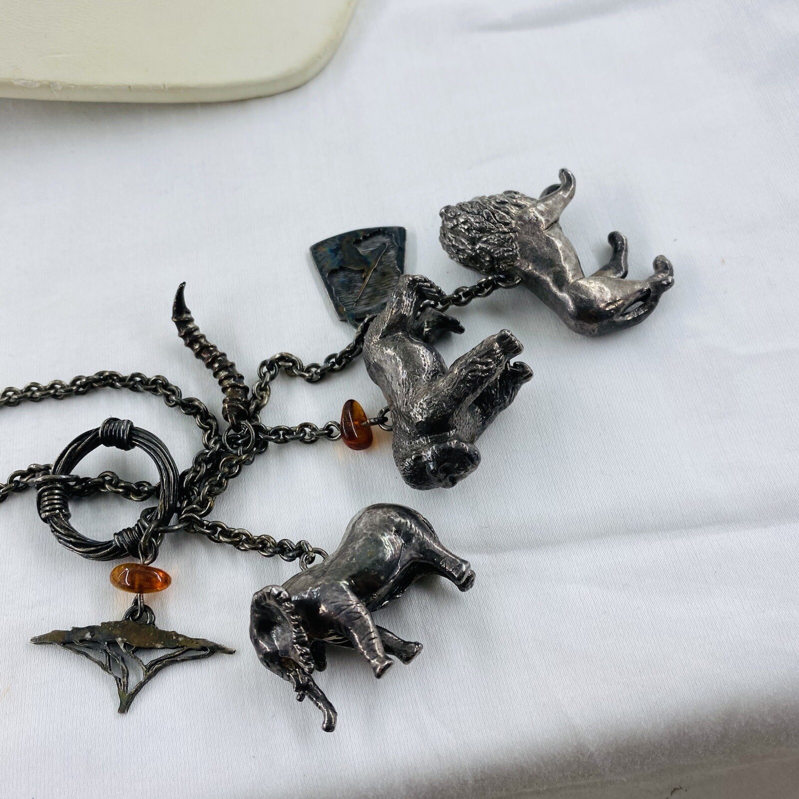 Rare Susan Cummings Sterling African Safari Animal Charm Necklace 28” 97 Grams