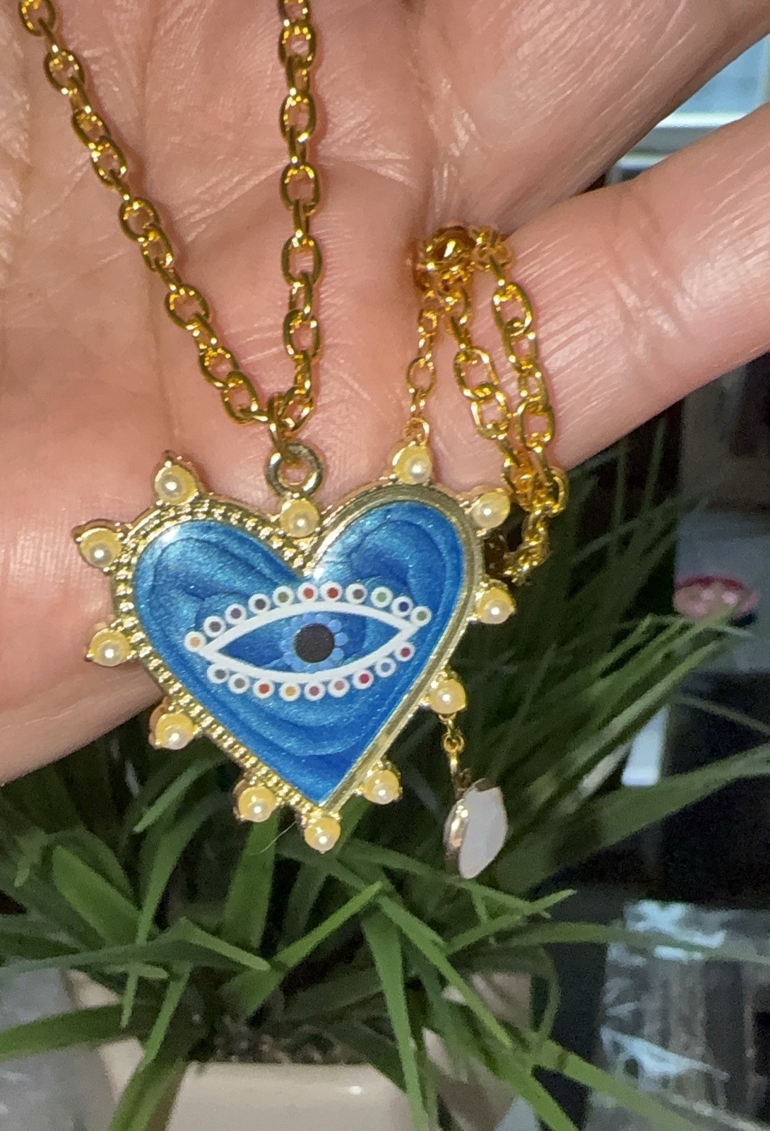 New/ Blue evil eye heart with pearls / Necklace 18” Brass
