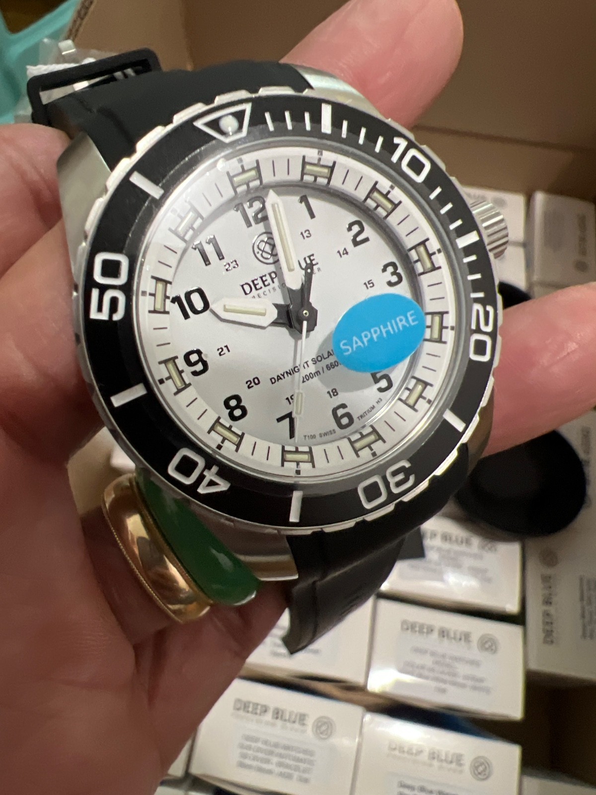 DEEP BLUE WATCHES SOLAR🌈SS DIVER-STRAP BLACK WHITE BEZEL WHITE DIAL😱