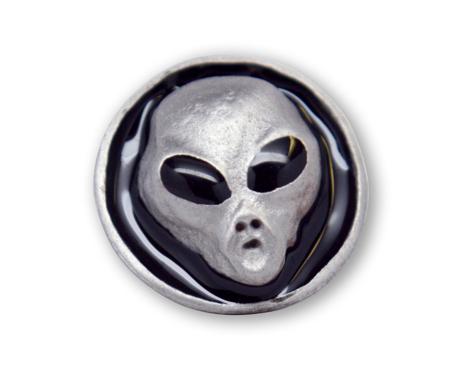 Round Alien Head Silver and Black Enamel Finish Tie Tack Jacket/Hat Pin P-25