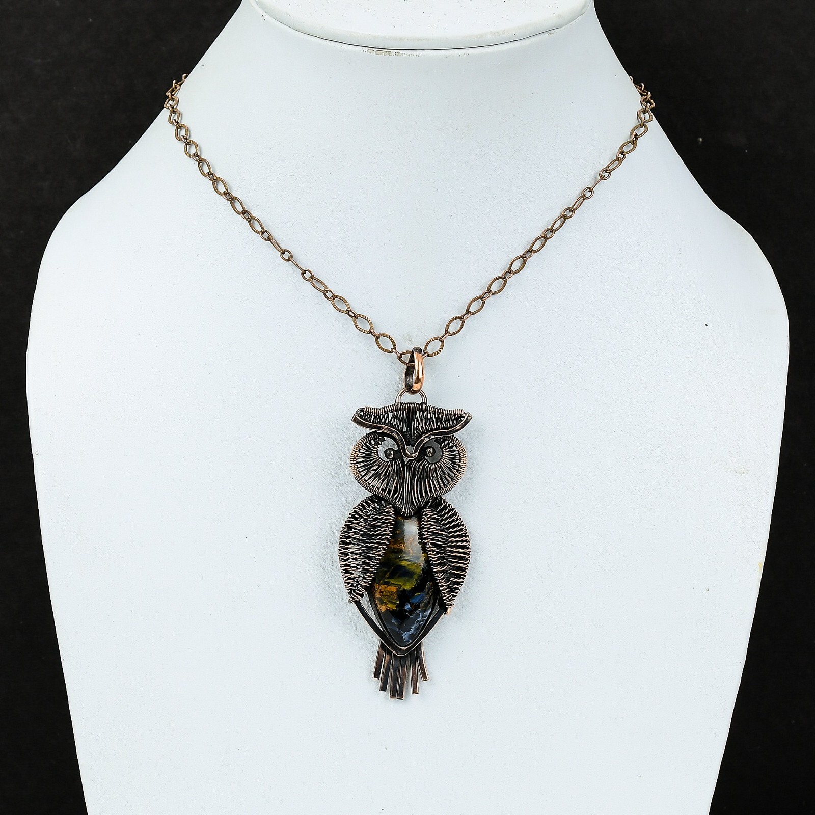Sisters Day Sale Copper Pear Pietersite Stone Wire Wrapped Owl Pendant Jewelry