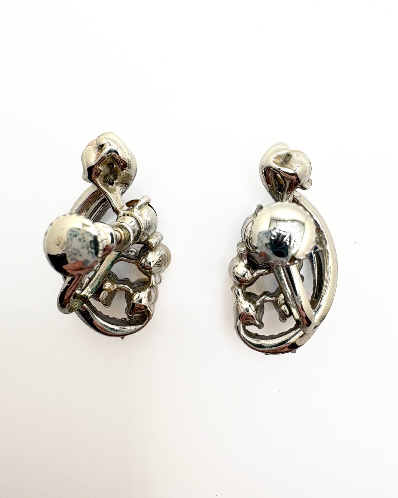 Vintage STAR Faux Pearl Blue Rhinestone Screwback Earrings Silver Tone Signed