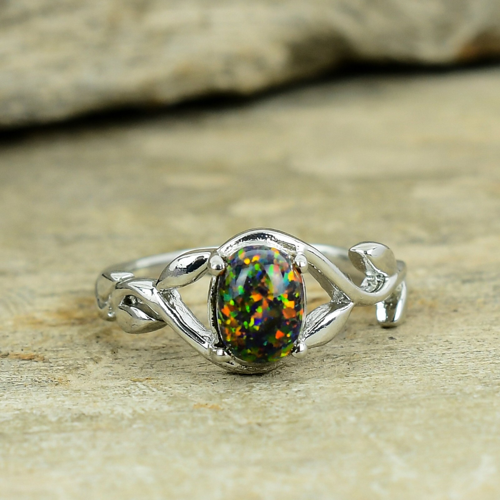 Natural Black Opal Ring, Solid 925 Sterling Silver Ring, Designer Dainty Ring