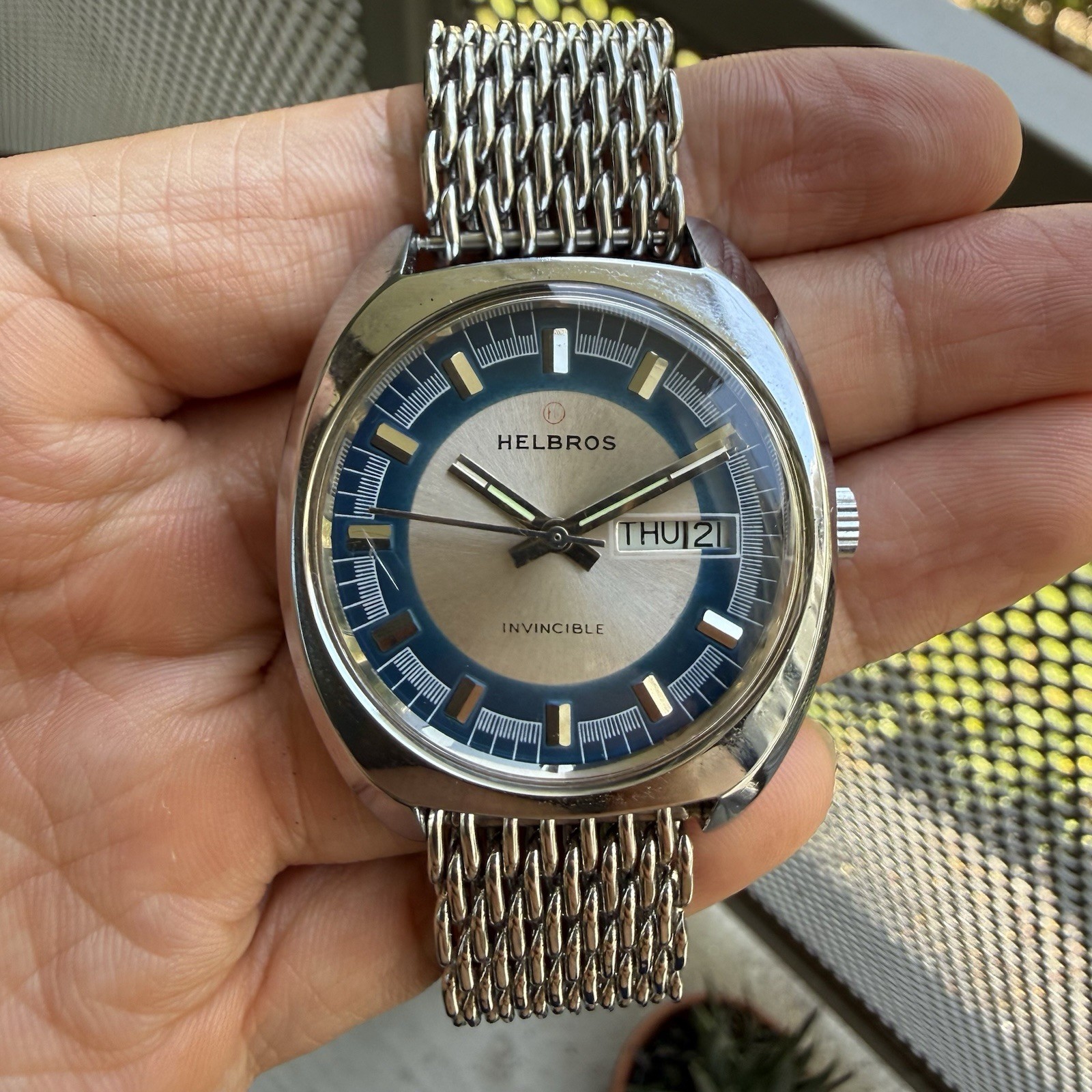 Vintage Helbros Invincible Day Date Stainless Steel Silver Blue Dial Men’s Watch