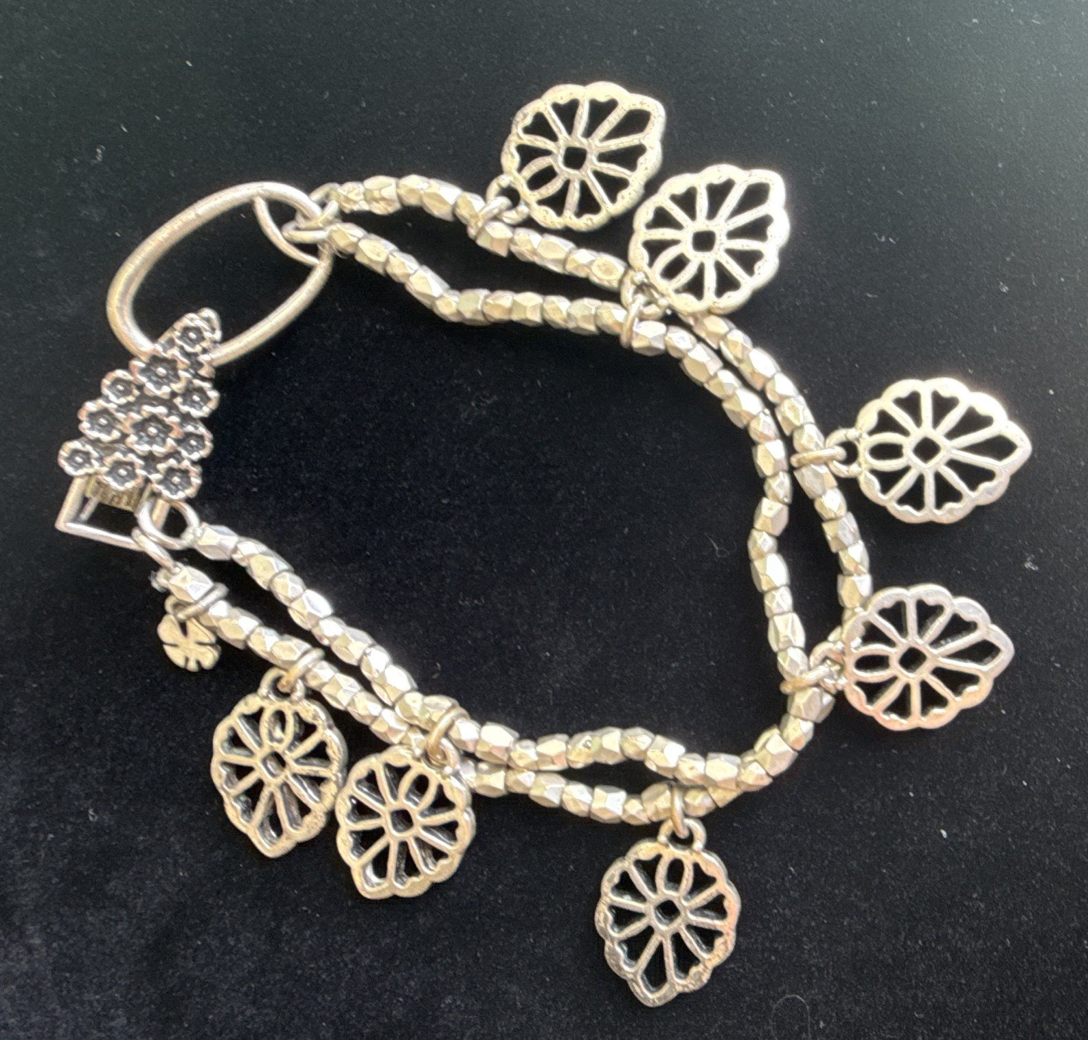 Lucky Brand Signed Silver Tone Beaded Charm Bracelet, Toggle, Dangle Flower