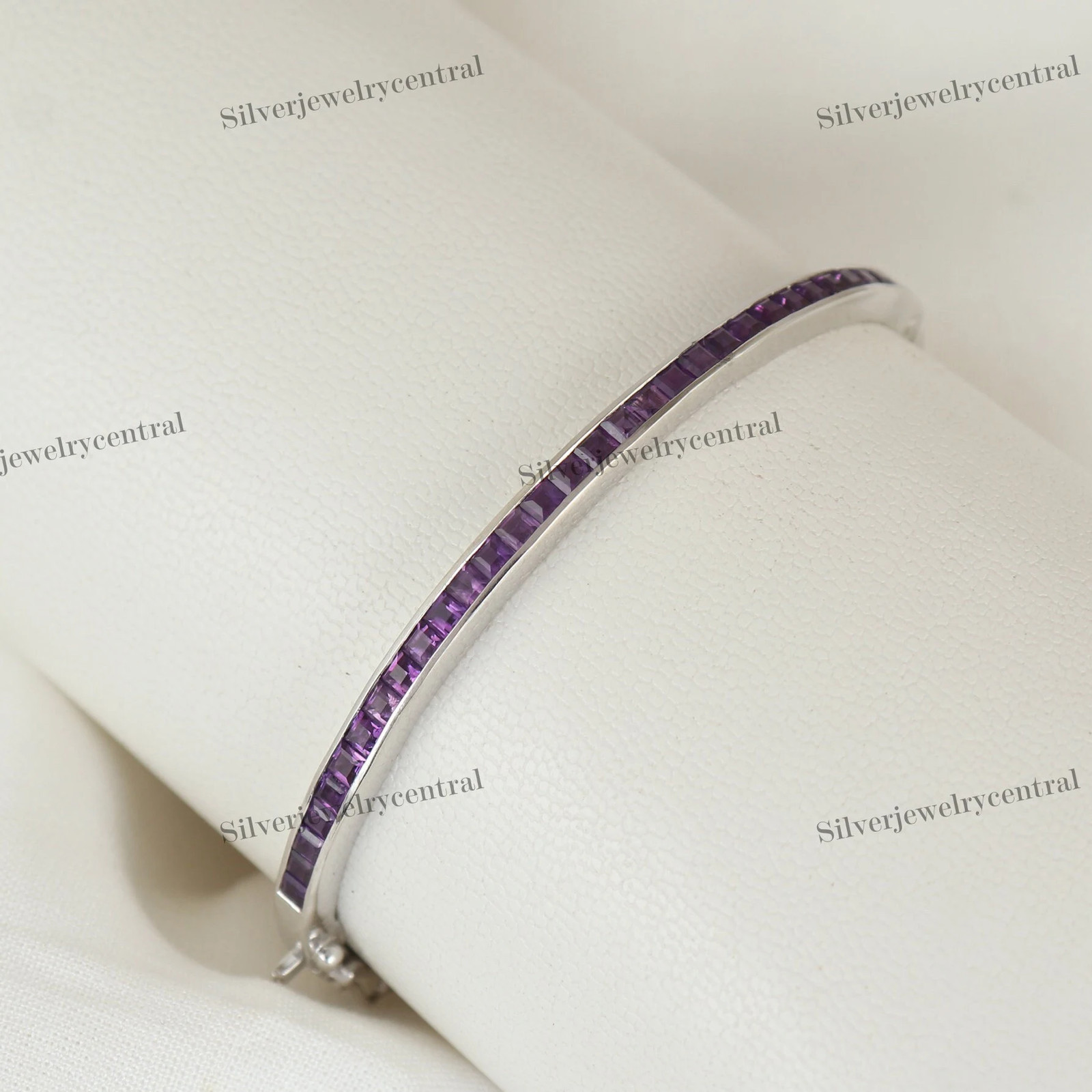 Sterling Silver Amethyst Bangle: Square Cut February Birthstone Jewelry