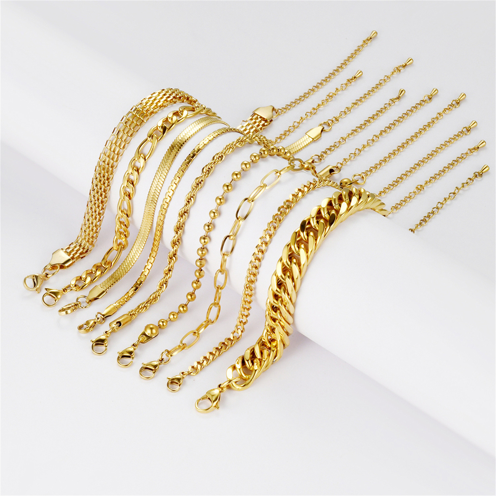 9pcs Men Women Mix Twisted Cuban Chain Stainless Steel Bracelet Adjustable 7″-9″