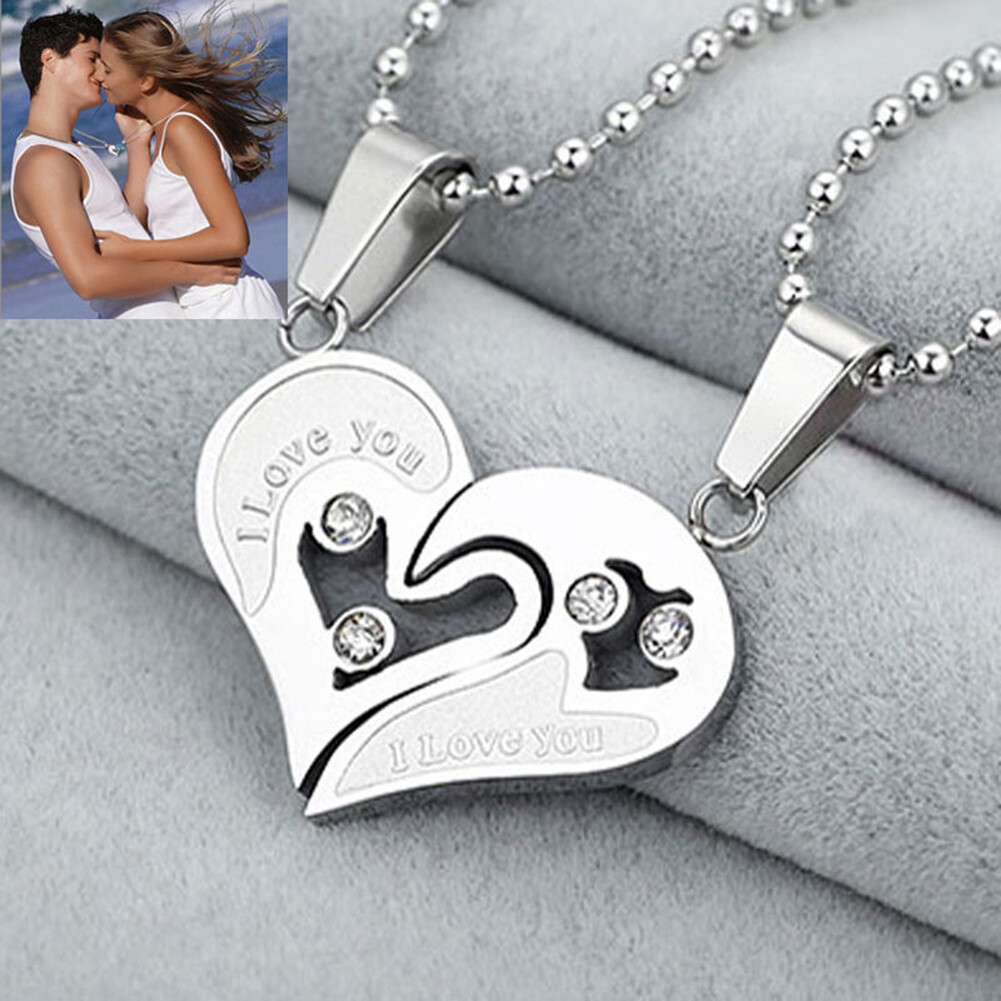 Stainless Steel Mens Womens Couple Necklace Pendant Love Heart Puzzle Matching