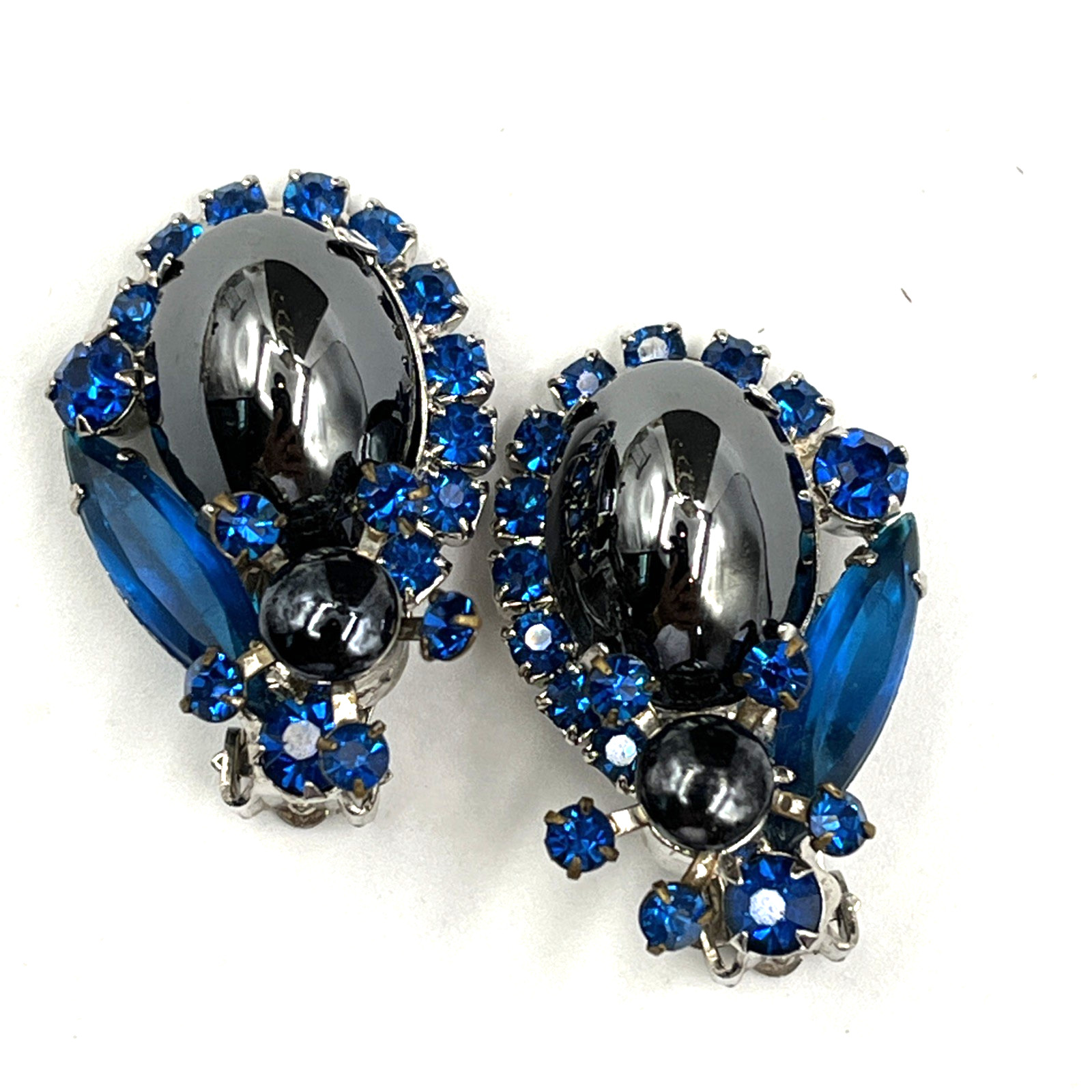 Juliana Earrings Hematite Glass Cabochon AB Earrings 1.25″ Silver Tone