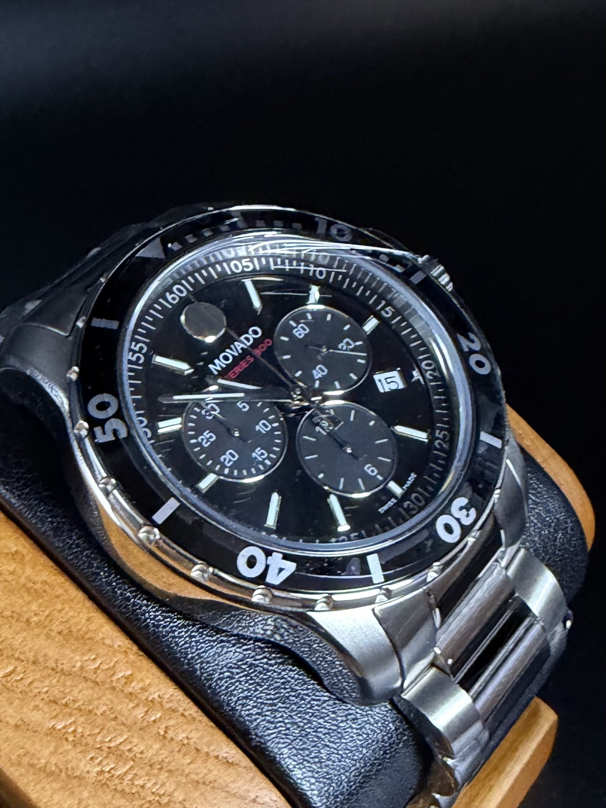 Movado Series 800 Black Dial & Bezel 42mm Chronograph Steel Watch Model #2600142