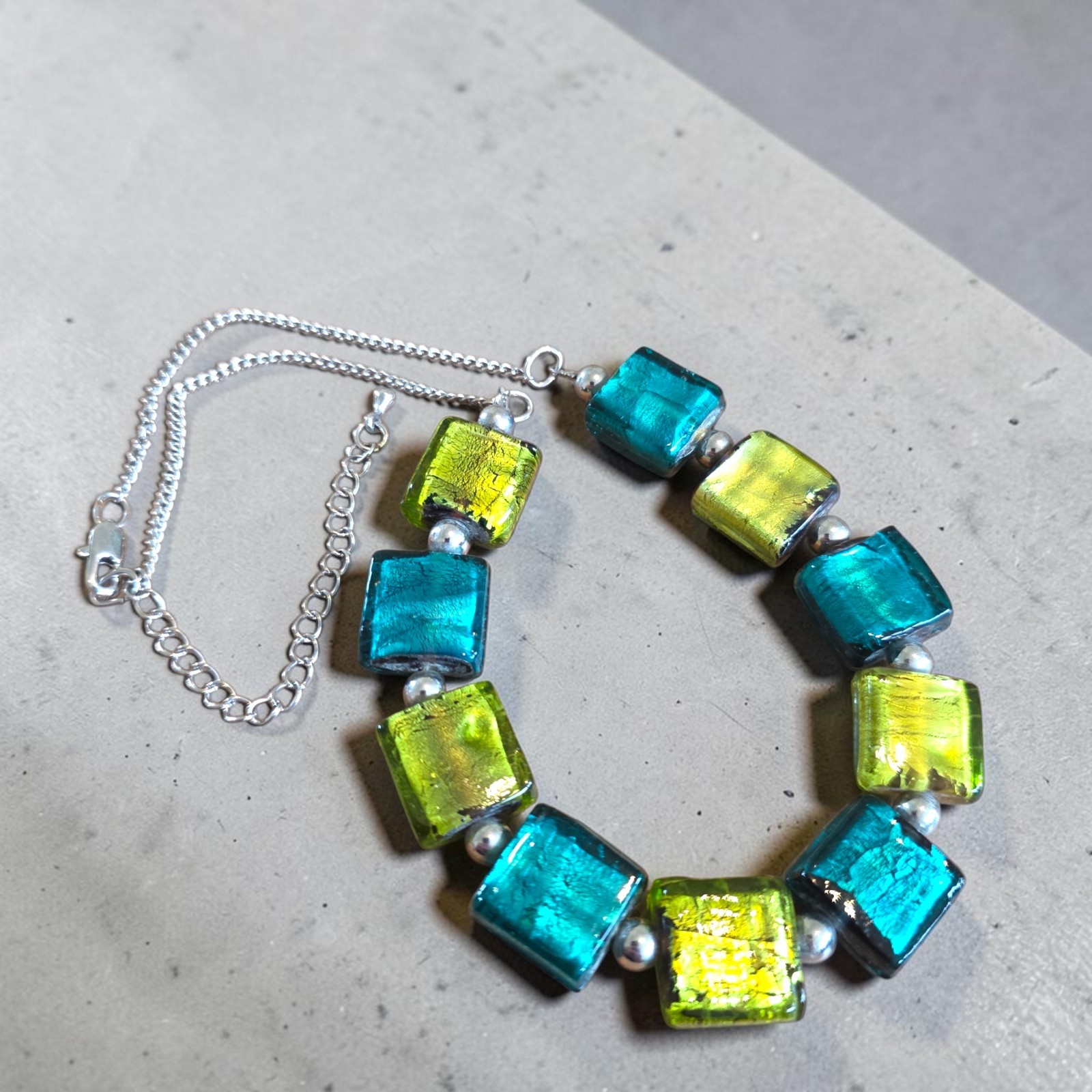 Vintage Foil Glass Necklace | 40–48cm Turquoise & Lime Squares Silver Tone Chain