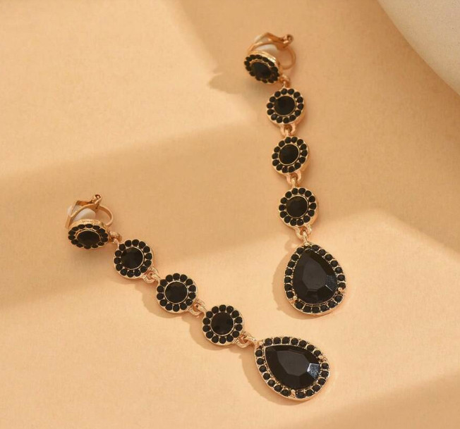 Black Clip On Earrings Retro Etruscan Revival Cabochons Gold Bow Beads