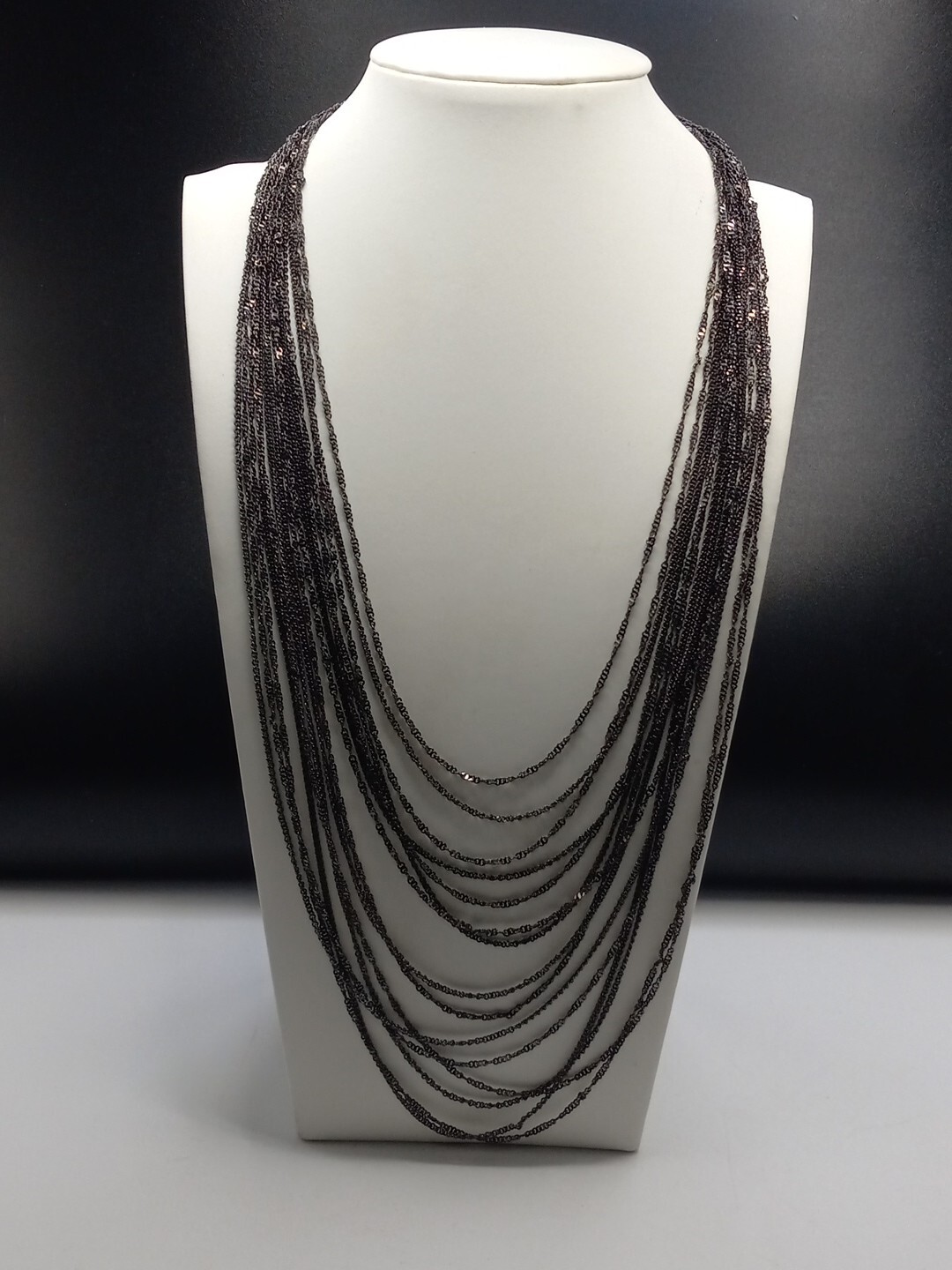 WHBM Clear Stones Black Tone 15 Strand Chain Layered Necklace