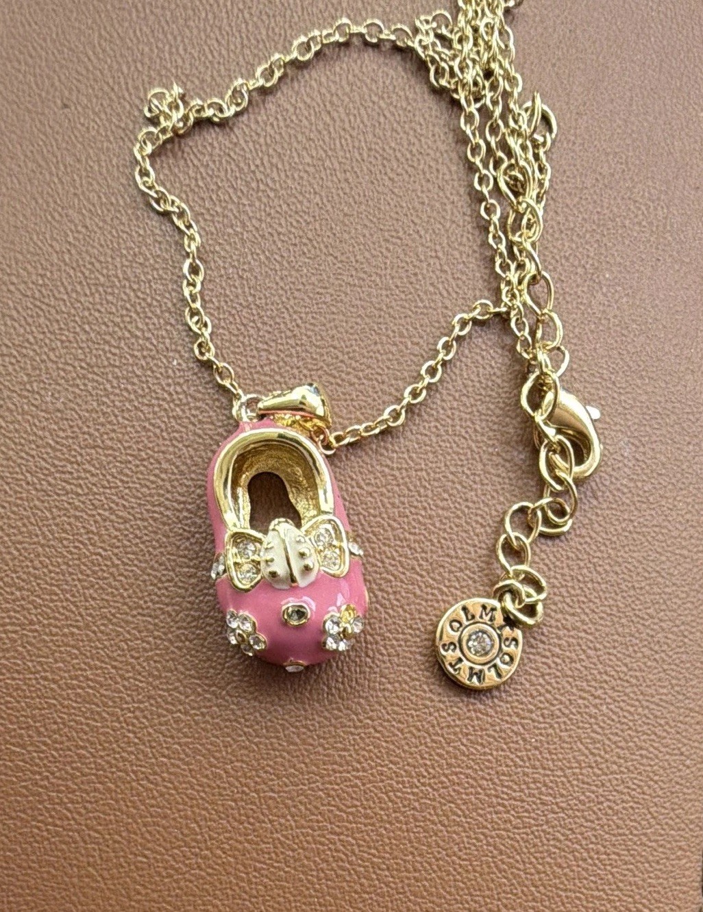 LMTS Gold Tone Cable Chain Pink Enamel Shoe Charm Necklace Crystal Signed