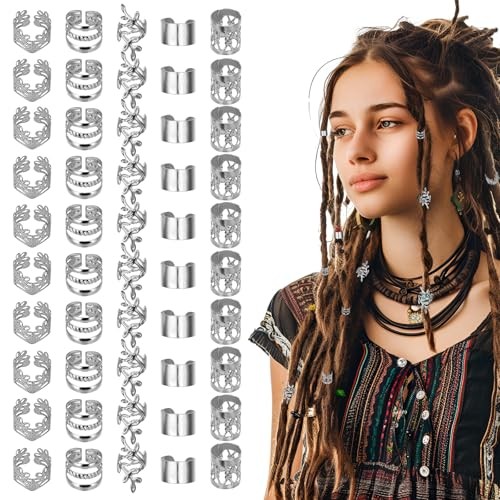 50 PCS Silver Hair Jewelry for Braids Accessories, 5 Styles Hair Cuffs for