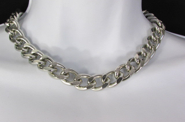 New Women Silver Fashion Necklace Earring Set Metal Thick Chain Short Links