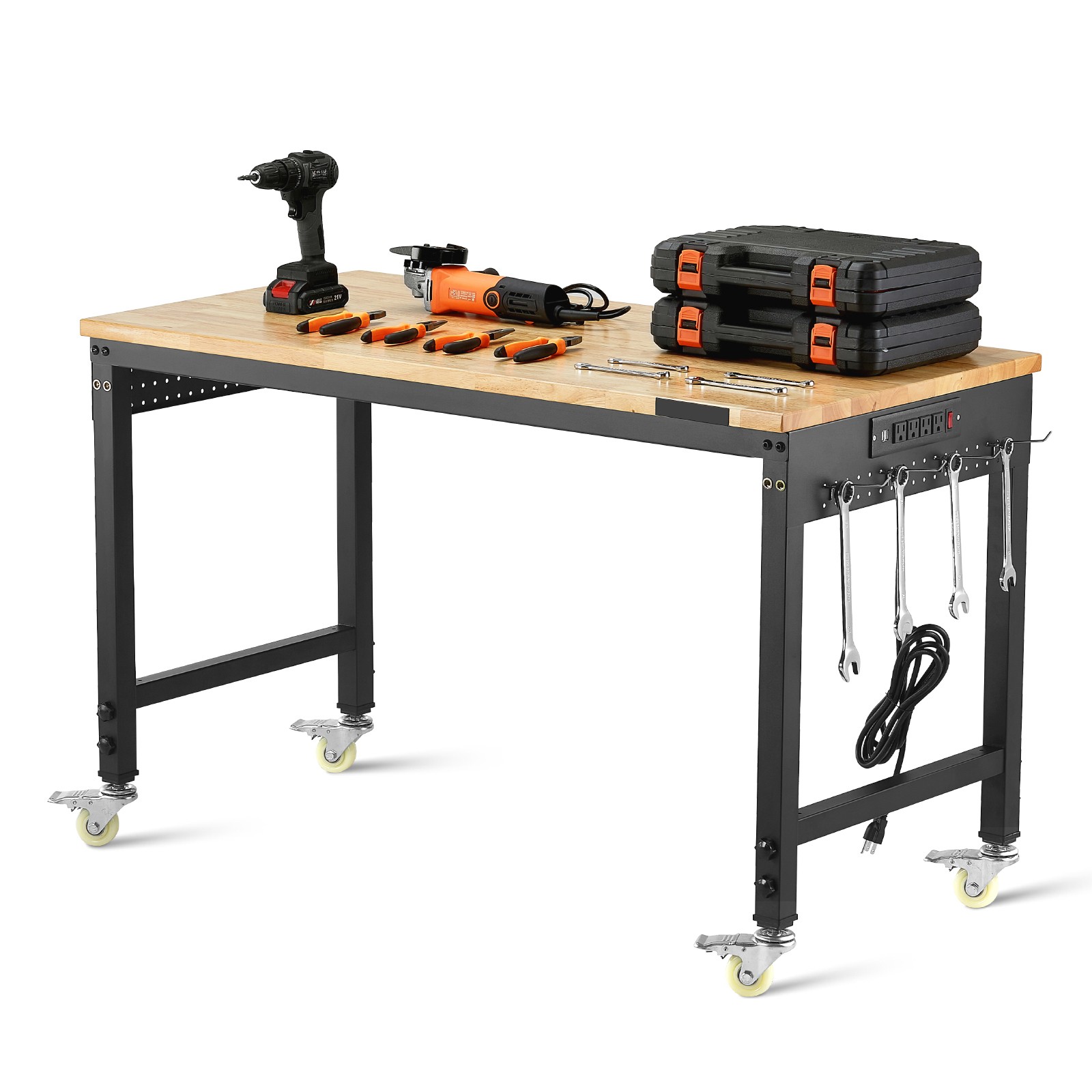 Uimoso 48″ Mobile Workbench with Adjustable Height, Power Outlet & Pegboard