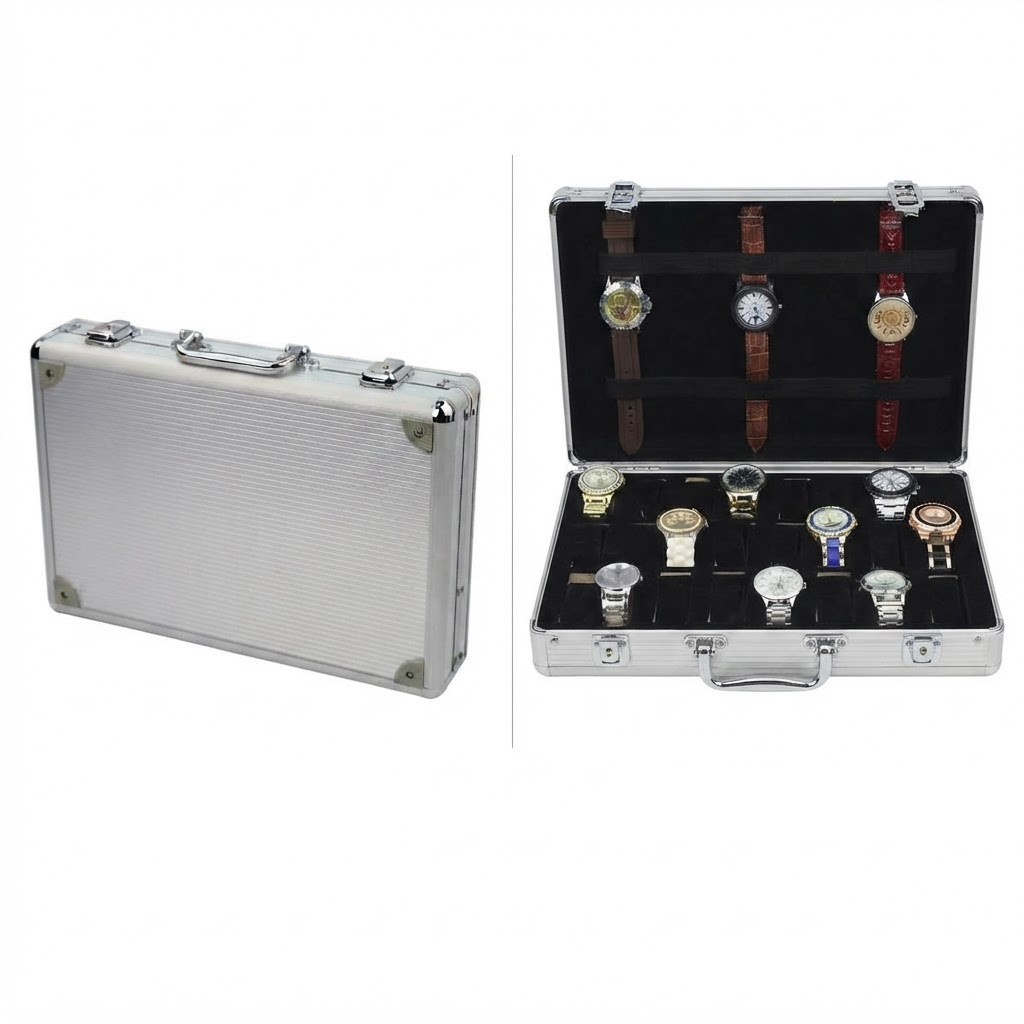 Portable 24-Grid Aluminum Watch Case for Jewelry Watch Display & Storage
