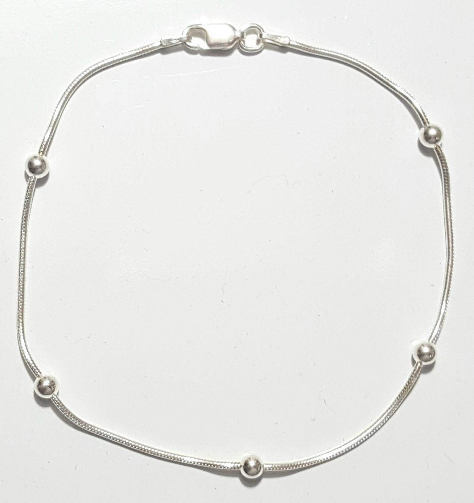 Snake Chain Bracelet 8 inch Long 925 Sterling Silver 1mm with 4mm Balls Italy