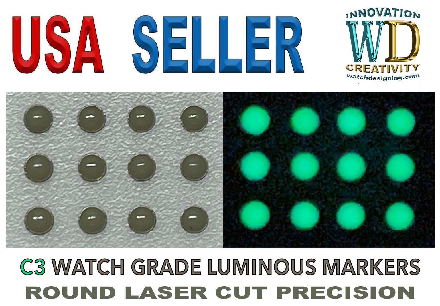 Watch Dial Hour Markers 12 pcs C3 Grade LUMINOUS 1.6mm Numerals Dots Green Index