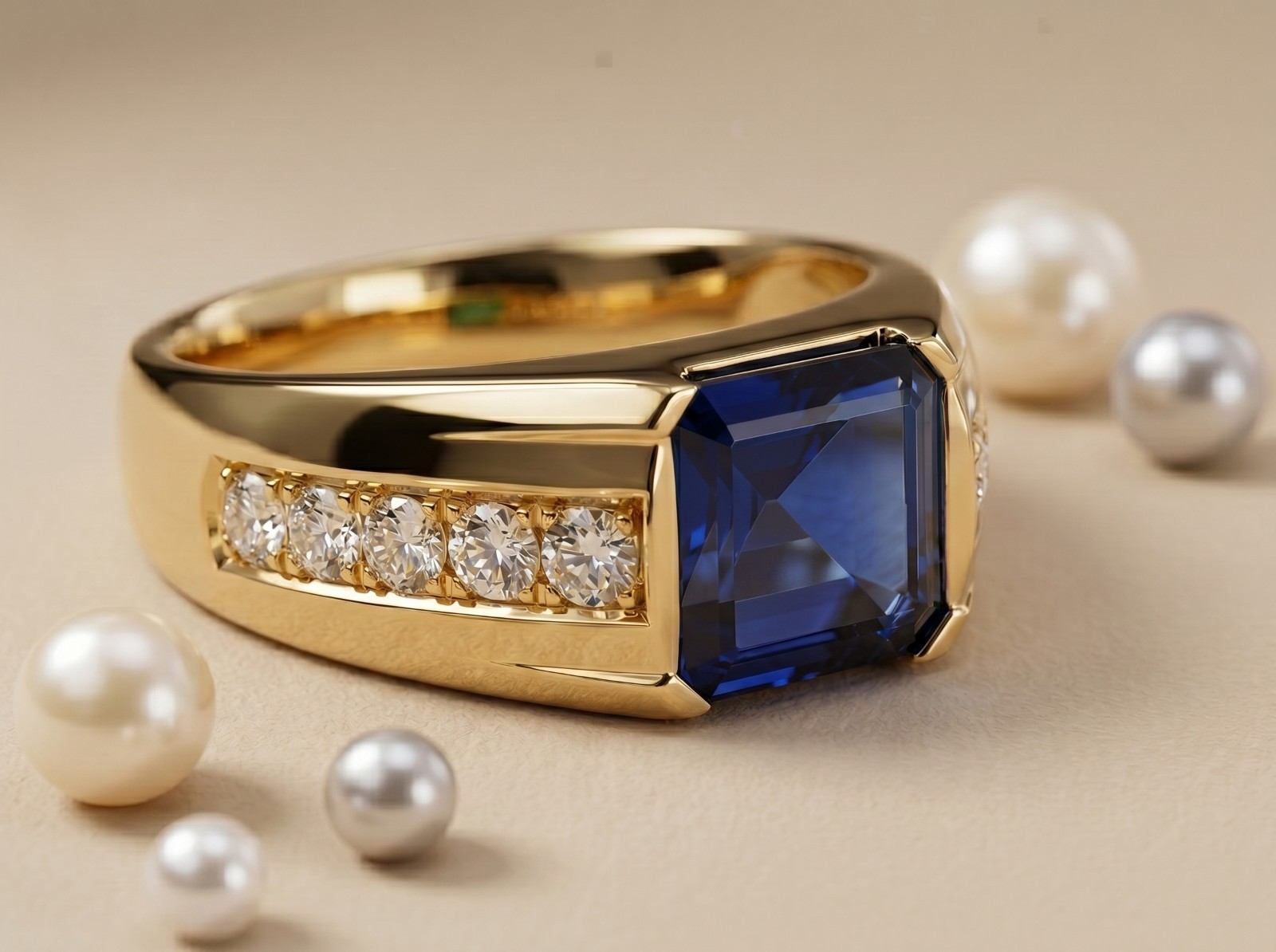 14K Gold Vermeil Lab Blue Sapphire Men’s Ring, 925 Sterling Silver, gift for him