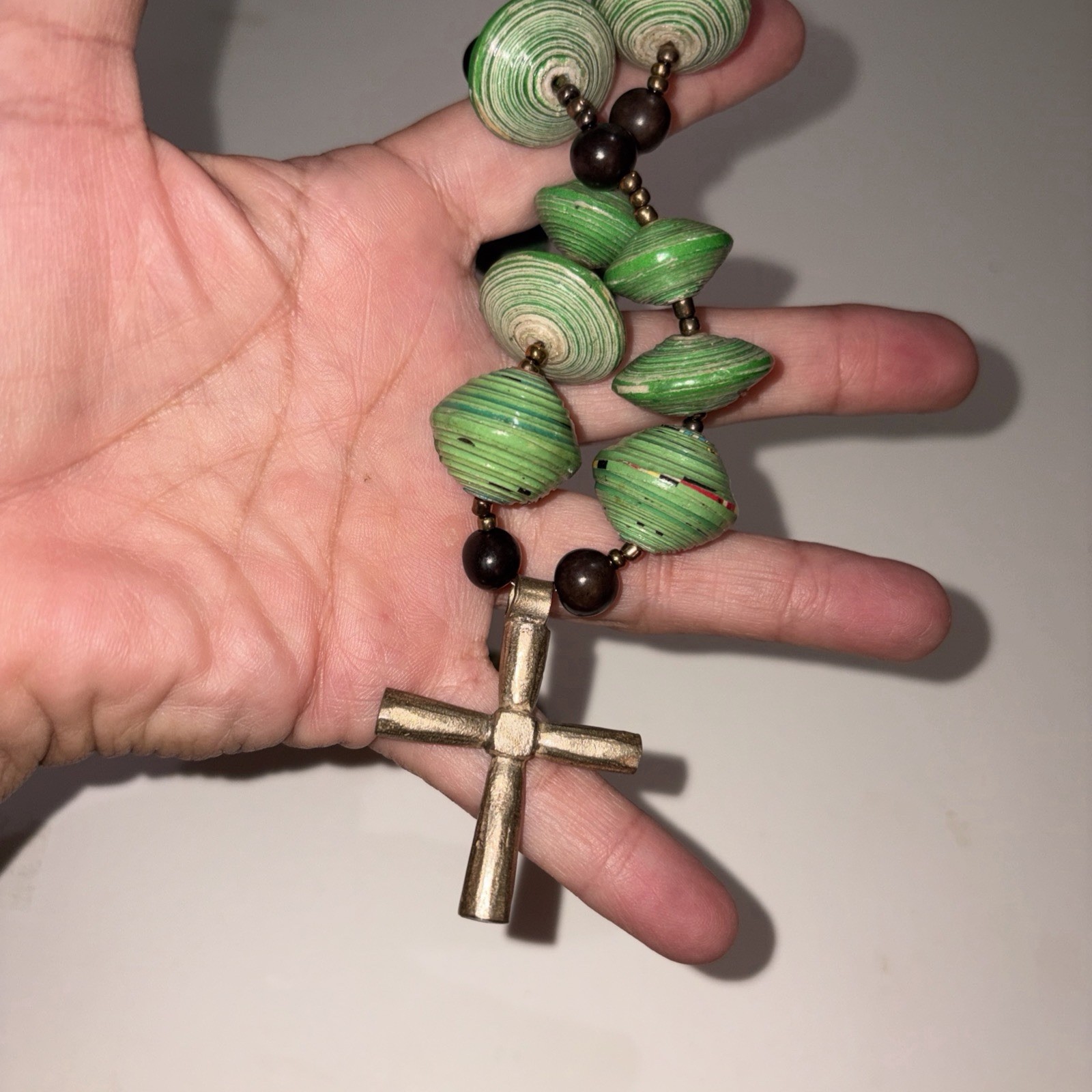 Signed Teng Yue Handmade Green Rolled Paper Bead Cross Necklace Boho Artisan