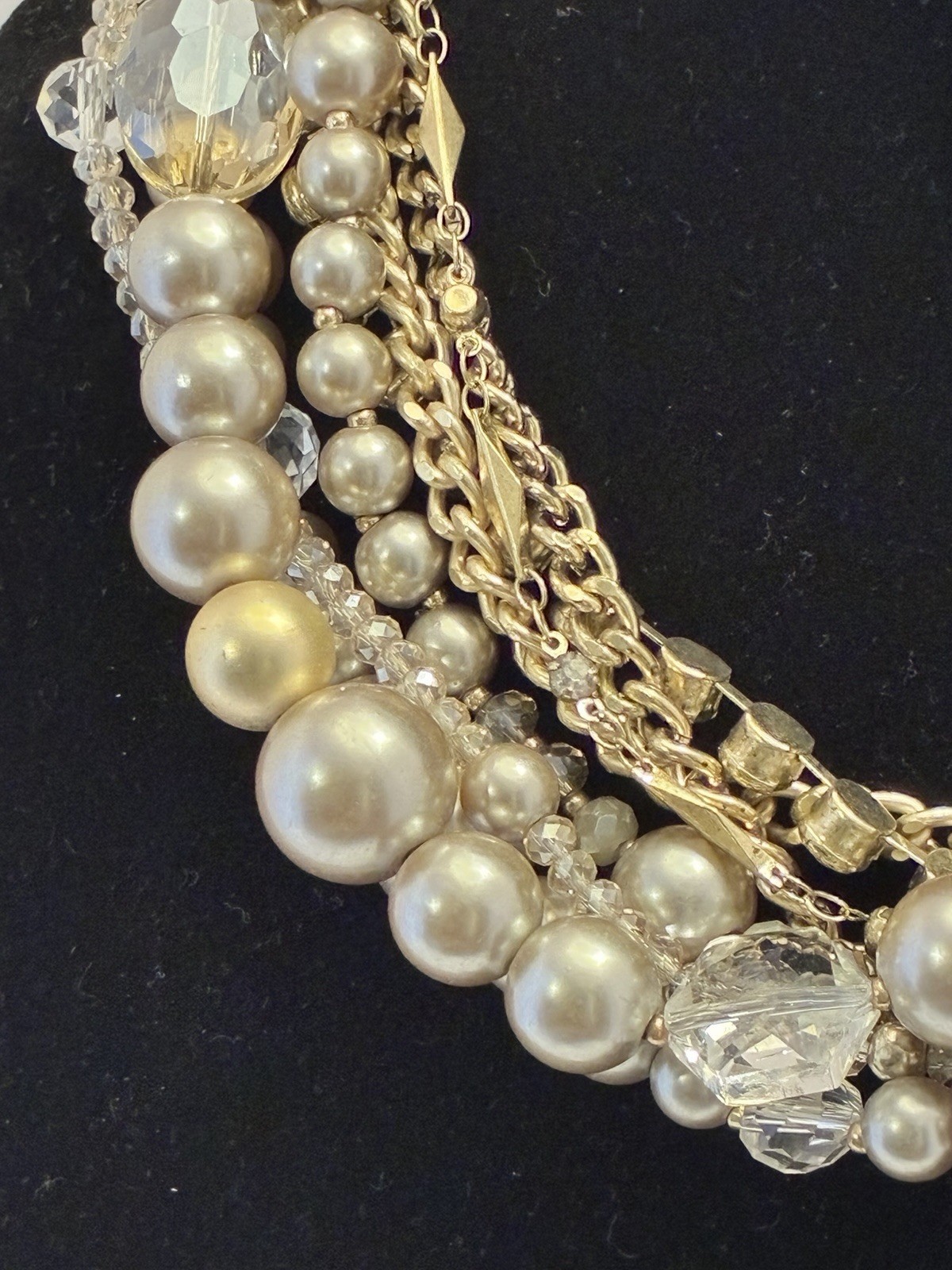 LOFT Gold Tone Layered Statement Necklace Imitation Pearl Crystal 18″ Adjust