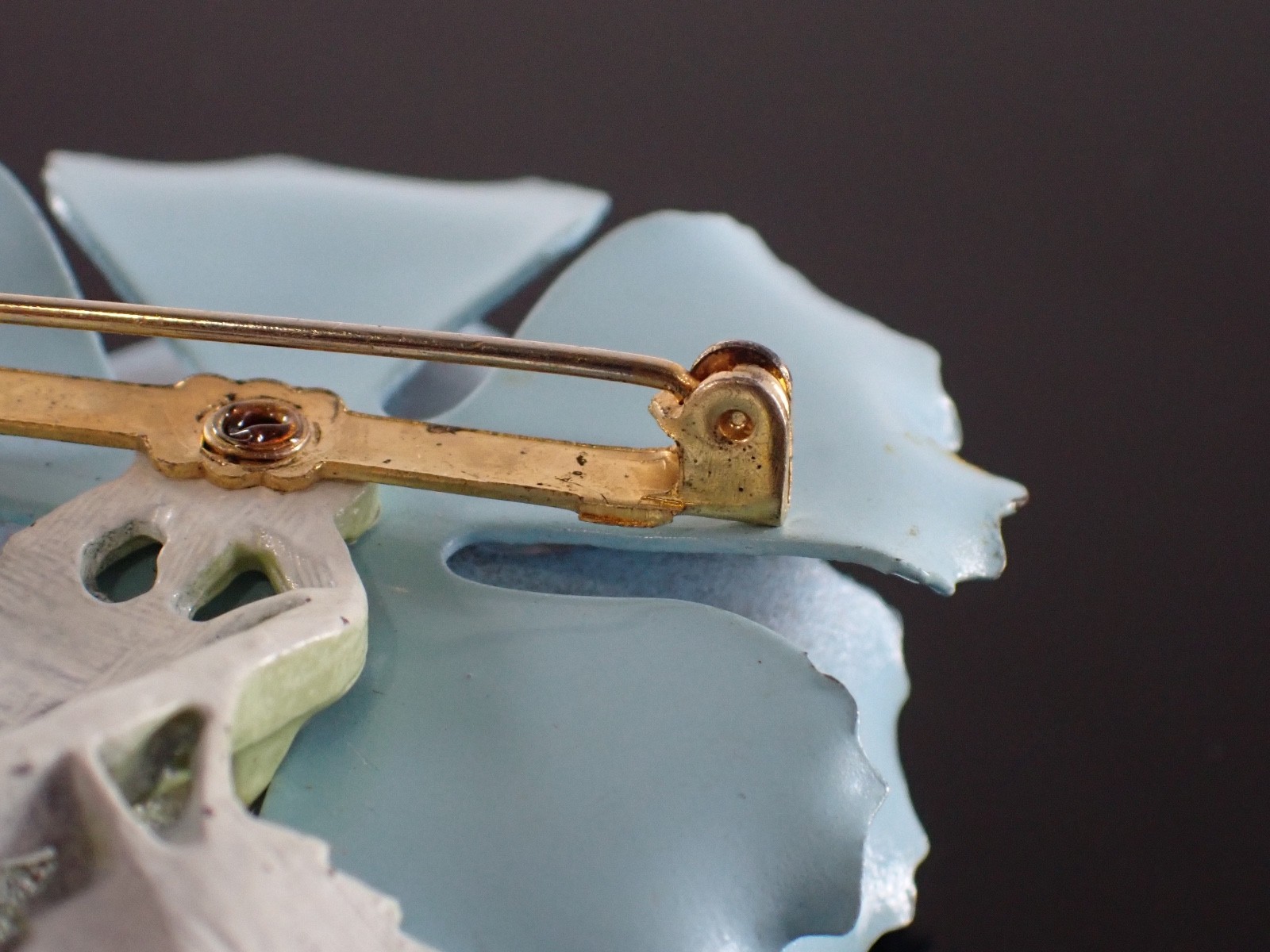 Vintage Blue Enamel Flower Brooch Glass Rhinestone Center Mid Century