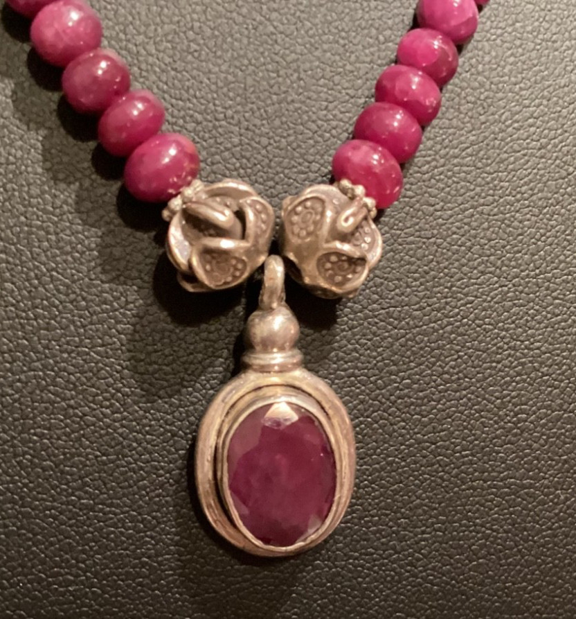 Raw Natural Ruby Roundell Beaded & .925 Sterling Silver Pendant Necklace OOAK