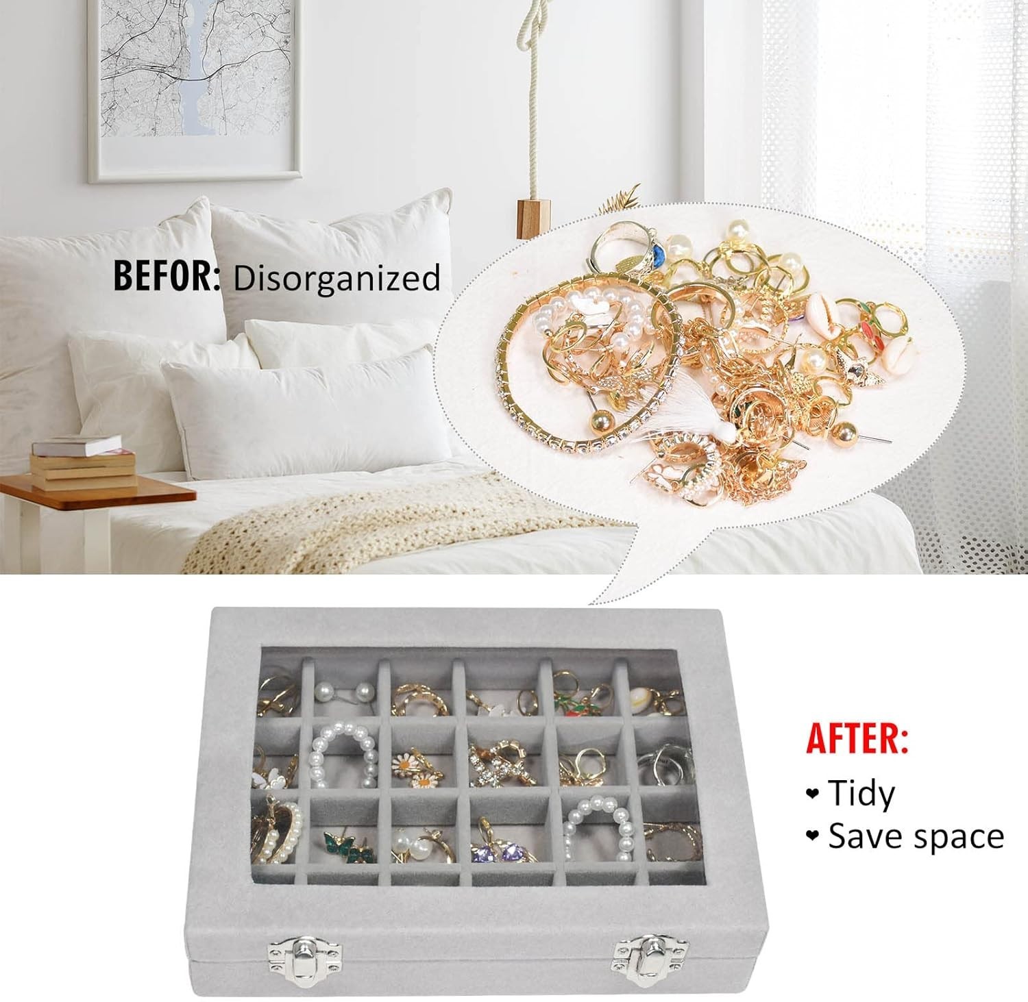 Chic 24-Grid Jewelry Organizer with Removable Partitions – Travel-Friendly