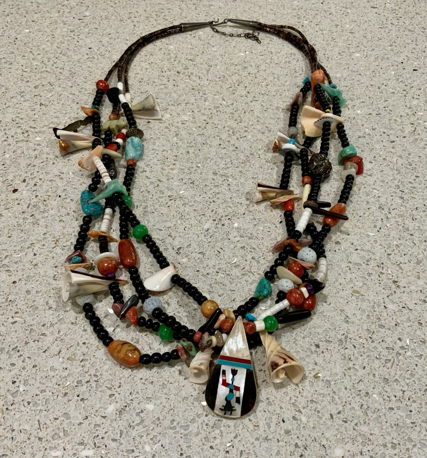 Multi-Strand Native American Style Fetish Necklace Carved Animals Stones & Shell