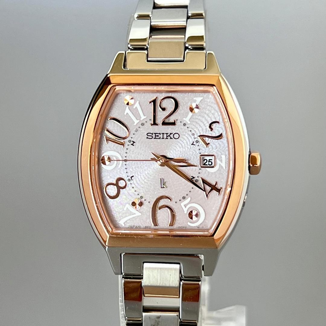 SEIKO LUKIA SSVW214 1B32 Radio Solar Tonneau Watch Pink Goldtone 27.7×36.3mm